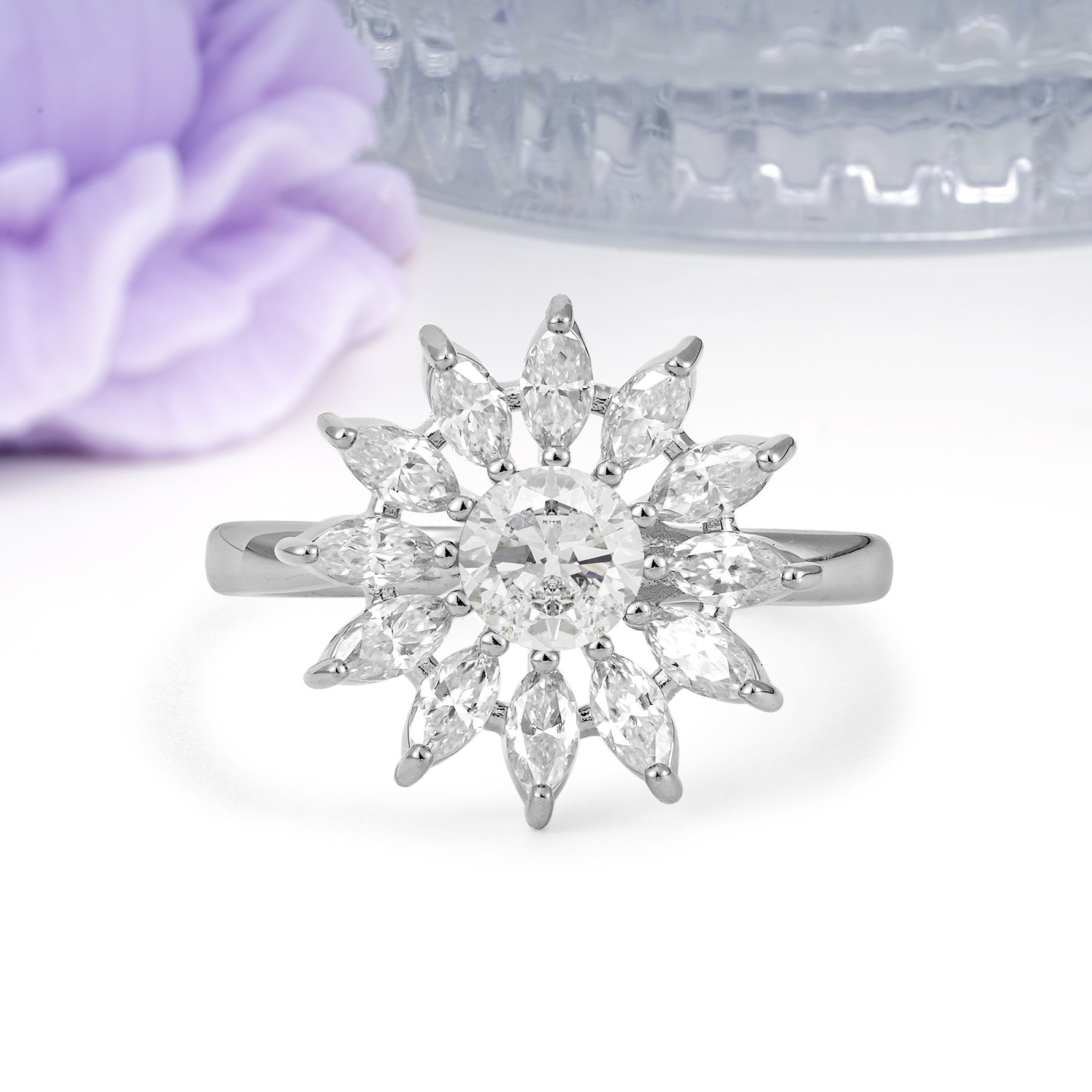Luxurious Classic Flower-Shaped 12-Prong Round Cut Moissanite Engagement Ring - Additional view