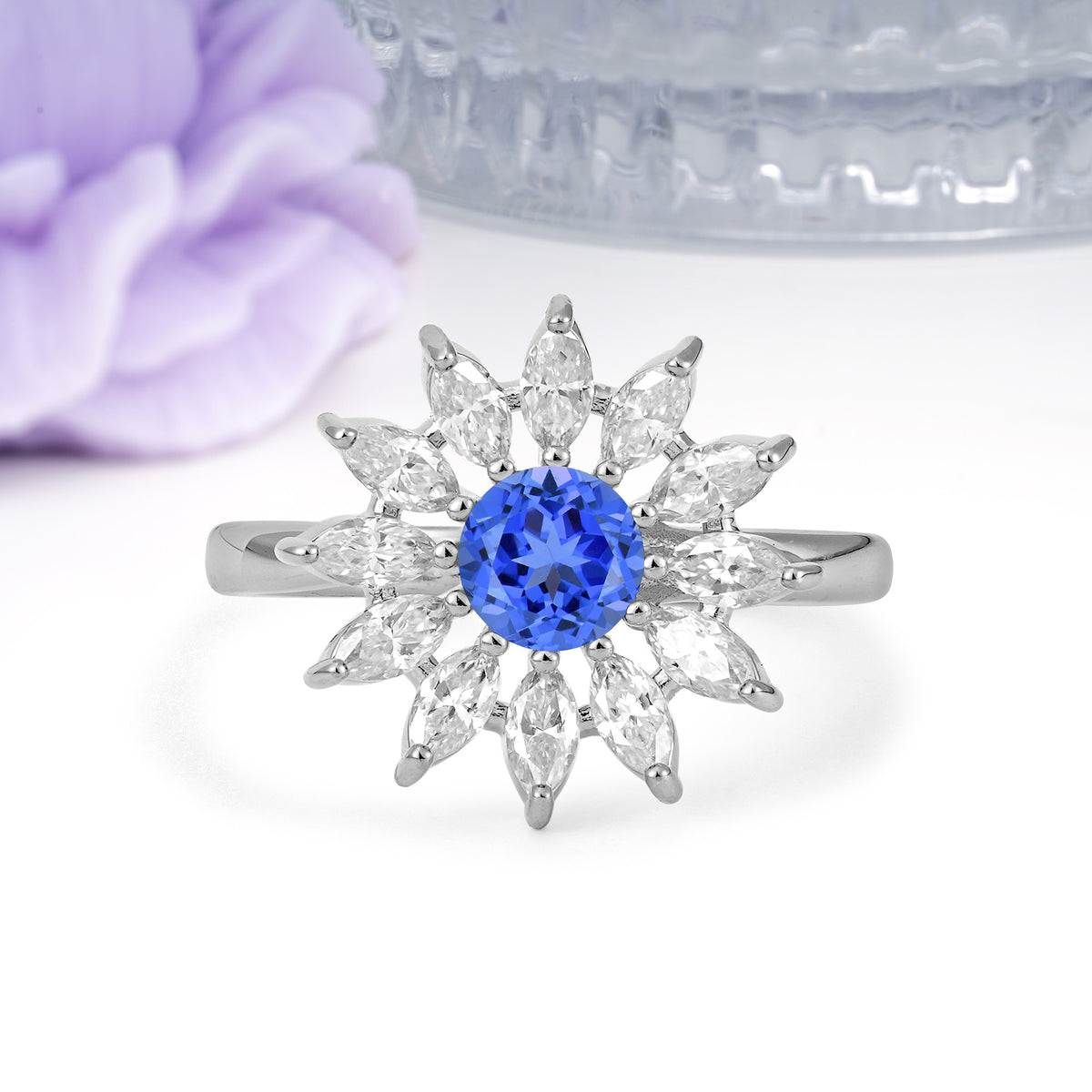 Luxurious Classic Flower-Shaped 12-Prong Round Cut Sapphire Engagement Ring - Additional view