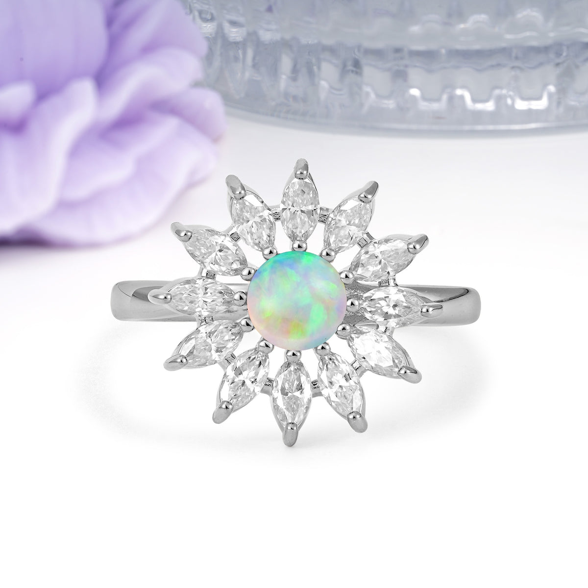 Luxurious Classic Flower-Shaped 12-Prong Round Cut Fire Opal Engagement Ring - Additional view