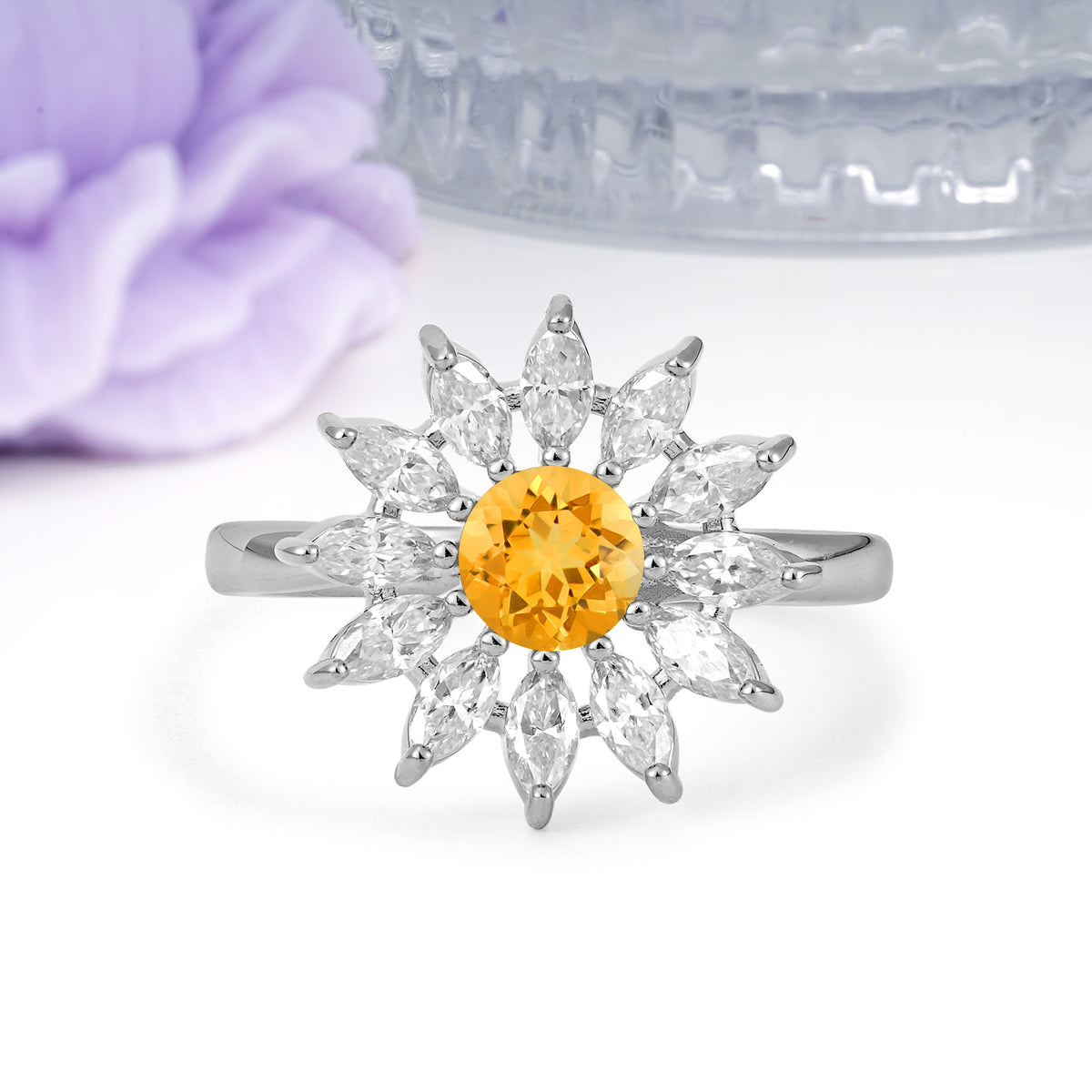 Luxurious Classic Flower-Shaped 12-Prong Round Cut Citrine Engagement Ring - Additional view