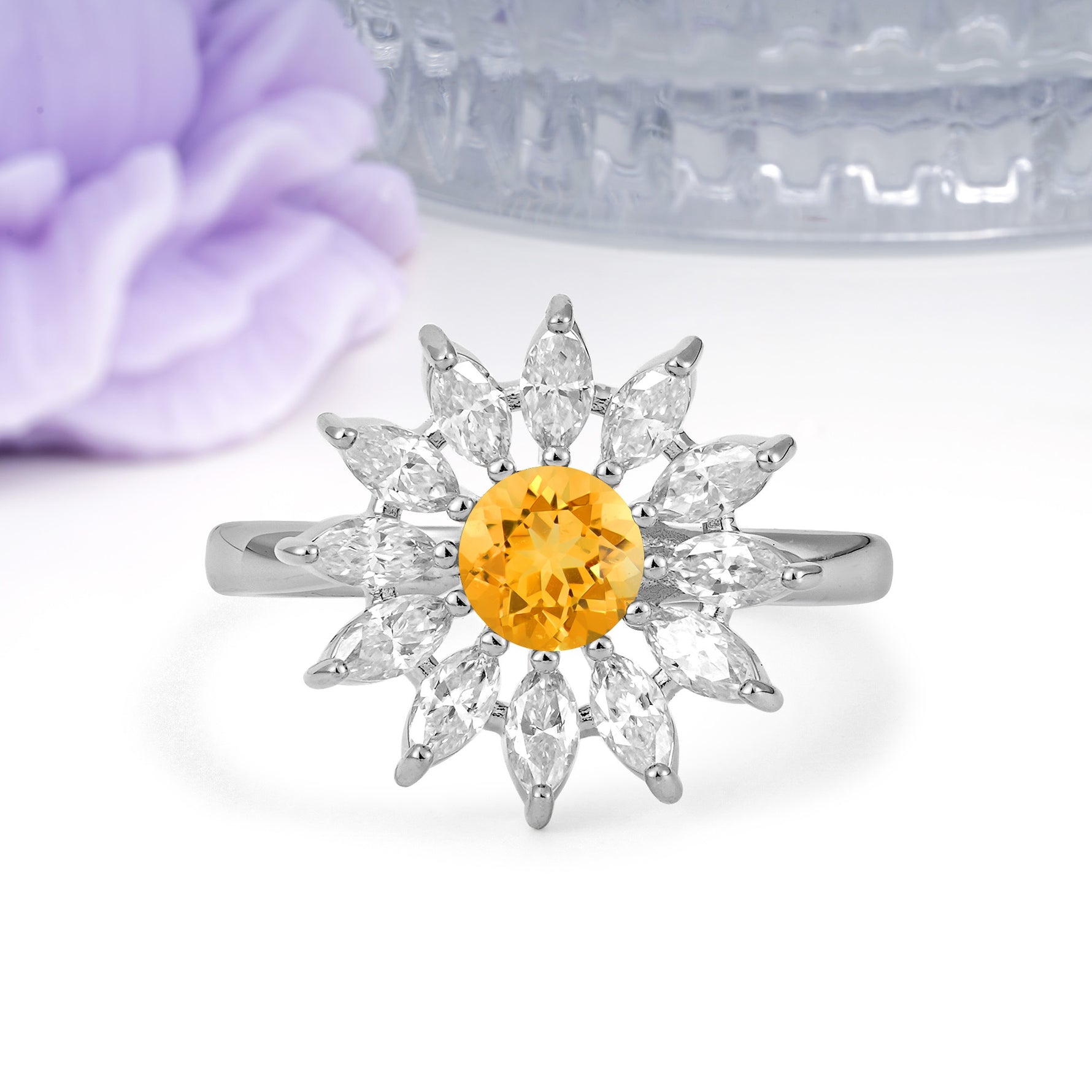 Luxurious Classic Flower-Shaped 12-Prong Round Cut Citrine Engagement Ring - Additional view