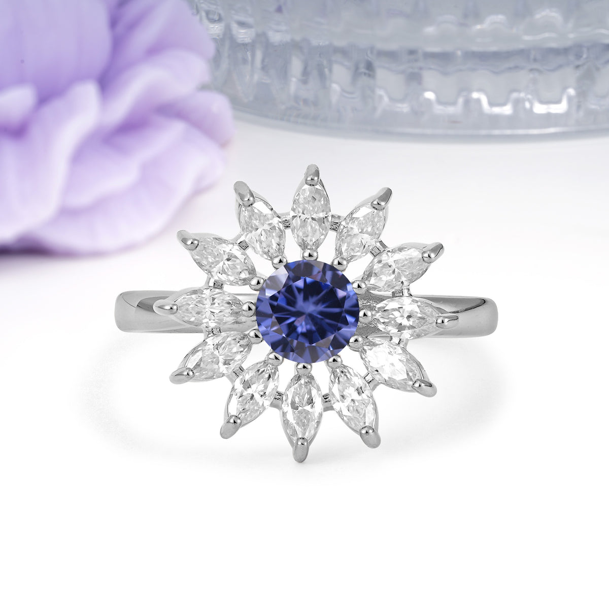 Luxurious Classic Flower-Shaped 12-Prong Round Cut Tanzanite Engagement Ring - Additional view