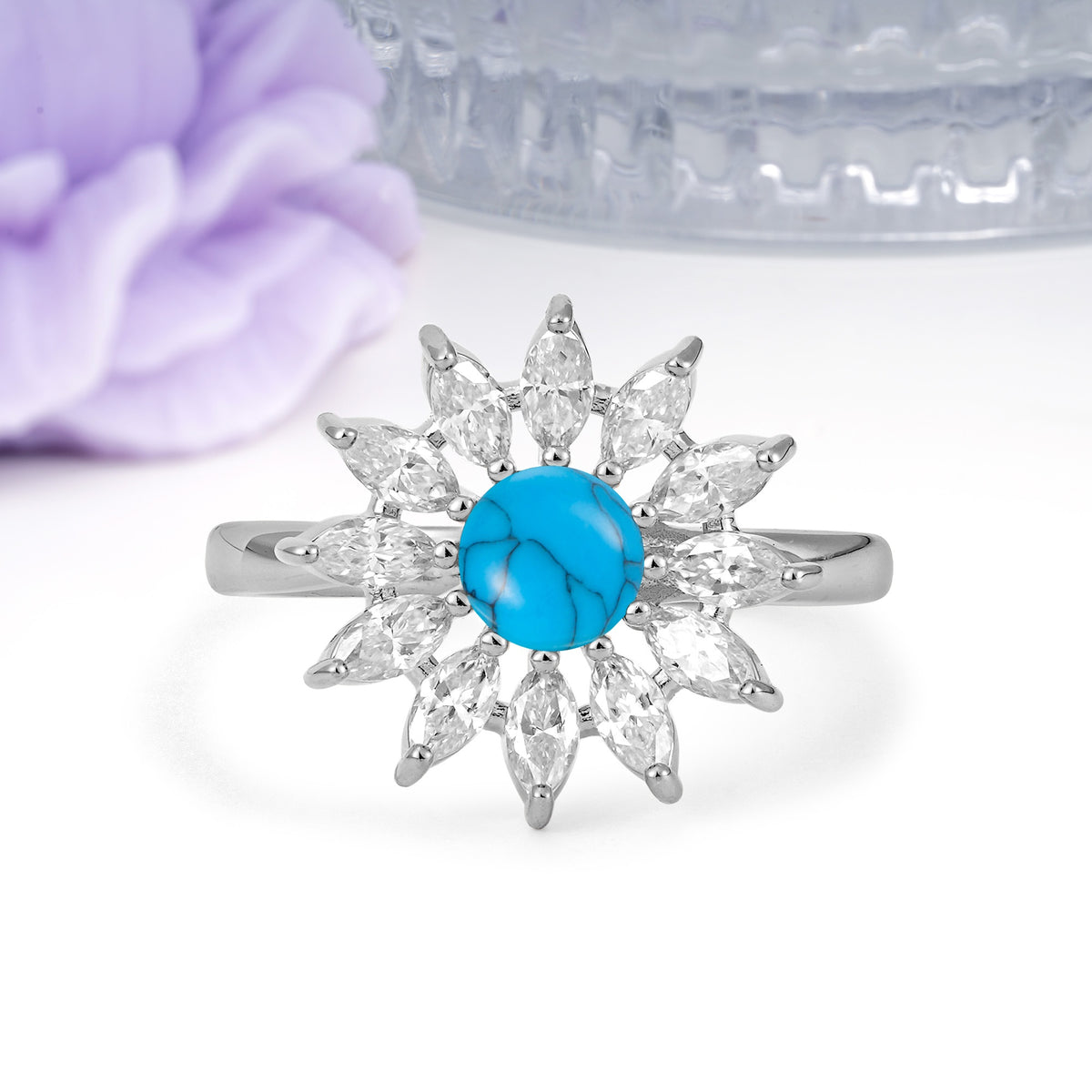 Luxurious Classic Flower-Shaped 12-Prong Round Cut Turquoise Engagement Ring - Additional view