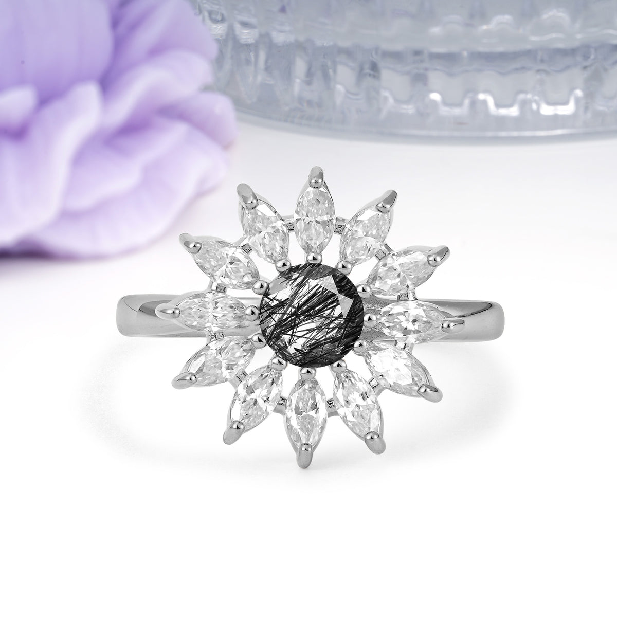 Luxurious Classic Flower-Shaped 12-Prong Round Cut Black Rutilated Quartz Engagement Ring - Additional view