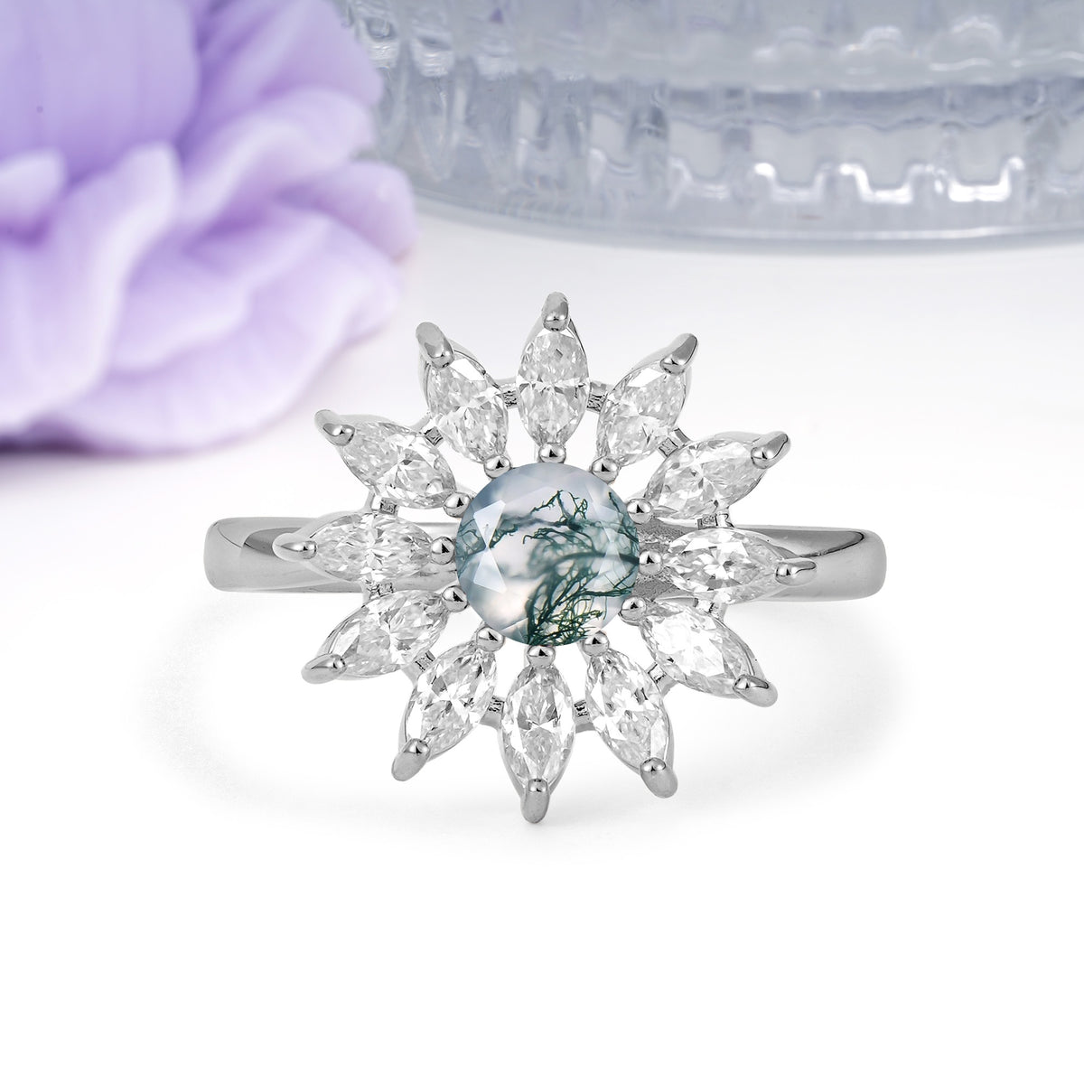 Luxurious Classic Flower-Shaped 12-Prong Round Cut Moss Agate Engagement Ring - Additional view
