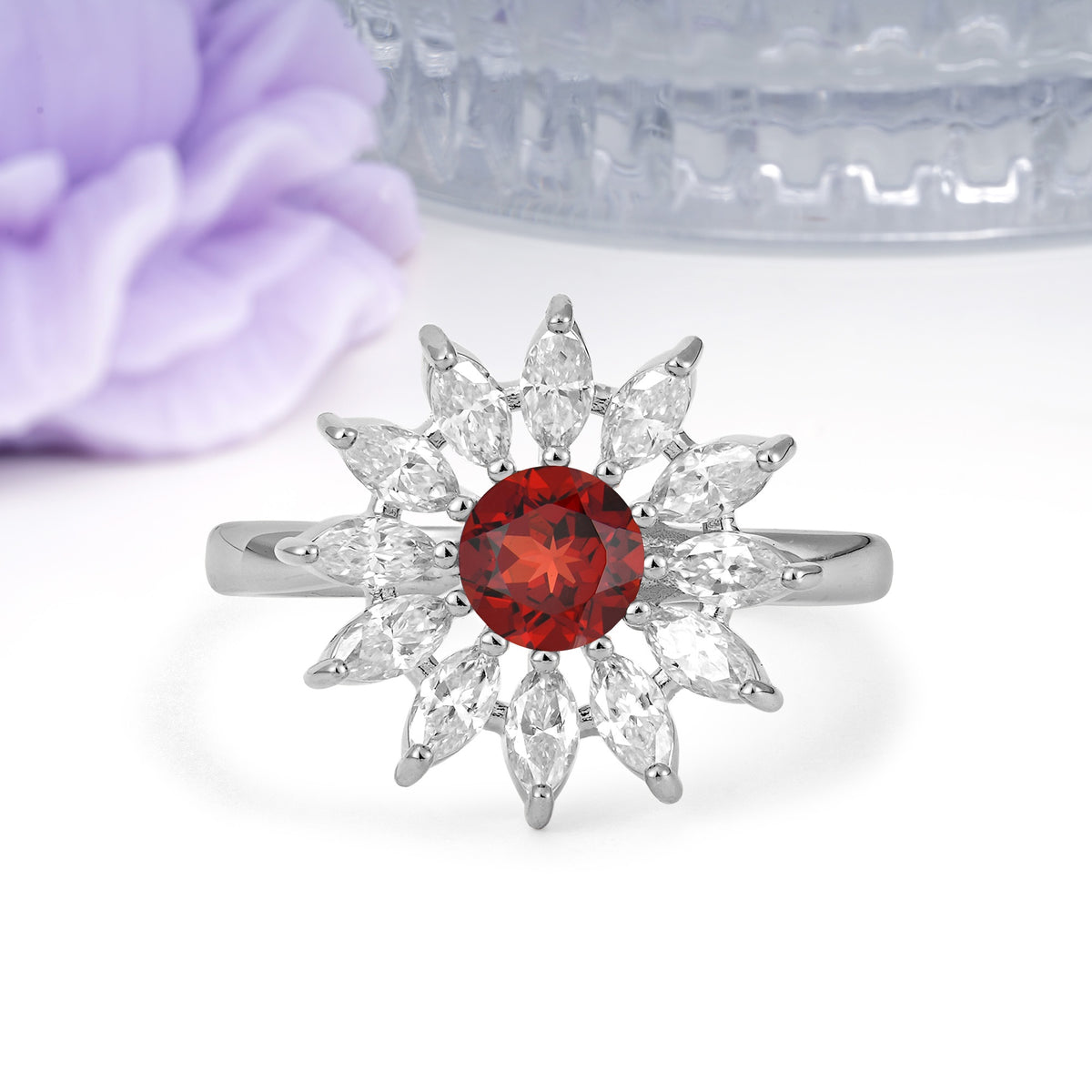 Luxurious Classic Flower-Shaped 12-Prong Round Cut Garnet Engagement Ring - Additional view