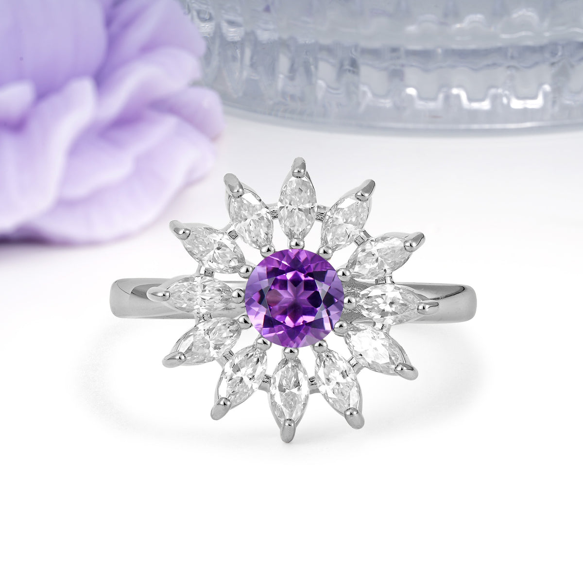 Luxurious Classic Flower-Shaped 12-Prong Round Cut Amethyst Engagement Ring - Additional view