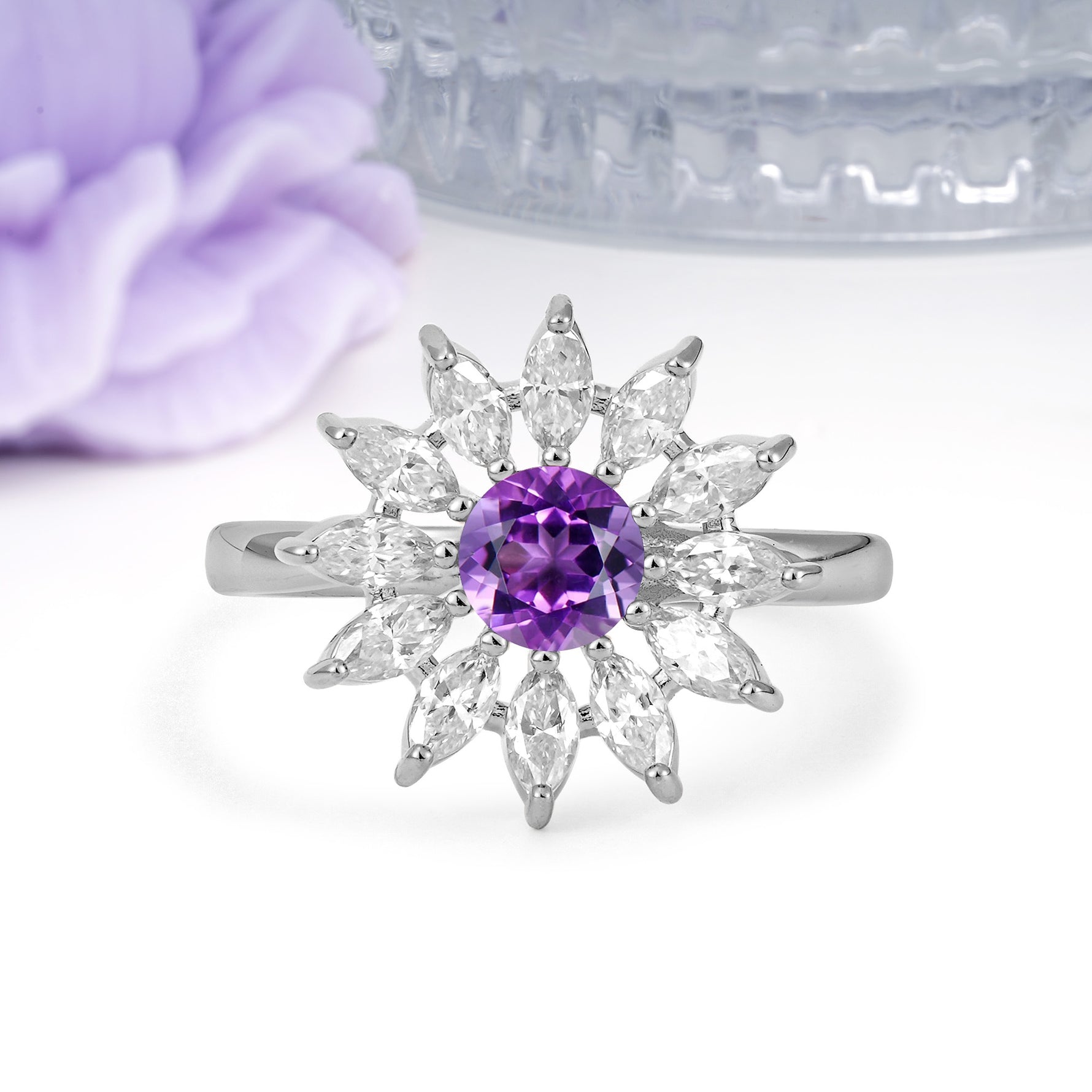 Luxurious Classic Flower-Shaped 12-Prong Round Cut Amethyst Engagement Ring - Additional view