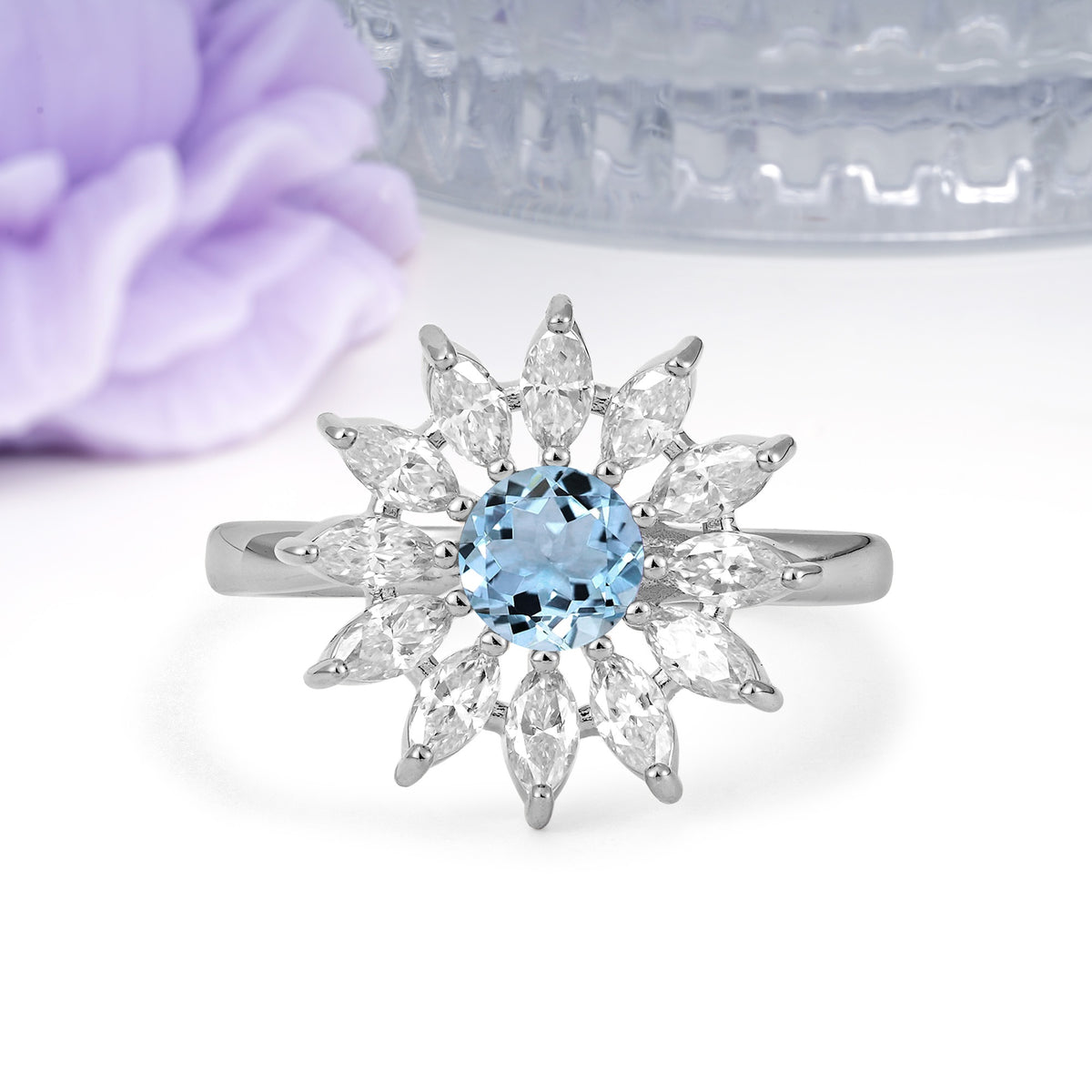 Luxurious Classic Flower-Shaped 12-Prong Round Cut Aquamarine Engagement Ring - Additional view