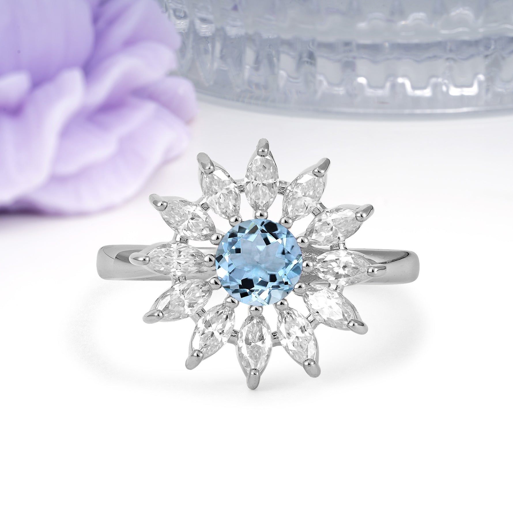 Luxurious Classic Flower-Shaped 12-Prong Round Cut Aquamarine Engagement Ring - Additional view
