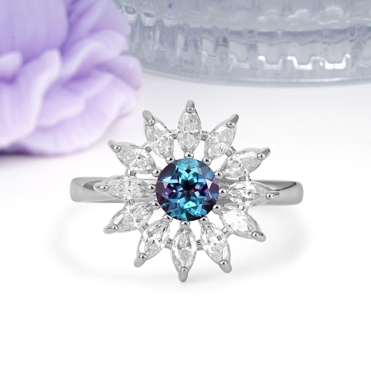 Luxurious Classic Flower-Shaped 12-Prong Round Cut Alexandrite Engagement Ring - Additional view