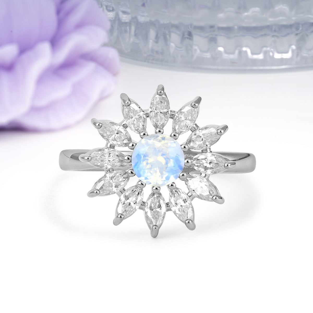Luxurious Classic Flower-Shaped 12-Prong Round Cut Moonstone Engagement Ring - Additional view