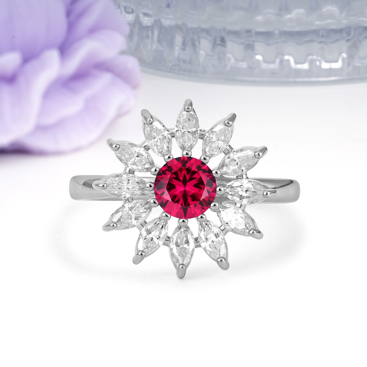 Luxurious Classic Flower-Shaped 12-Prong Round Cut Ruby Engagement Ring - Additional view