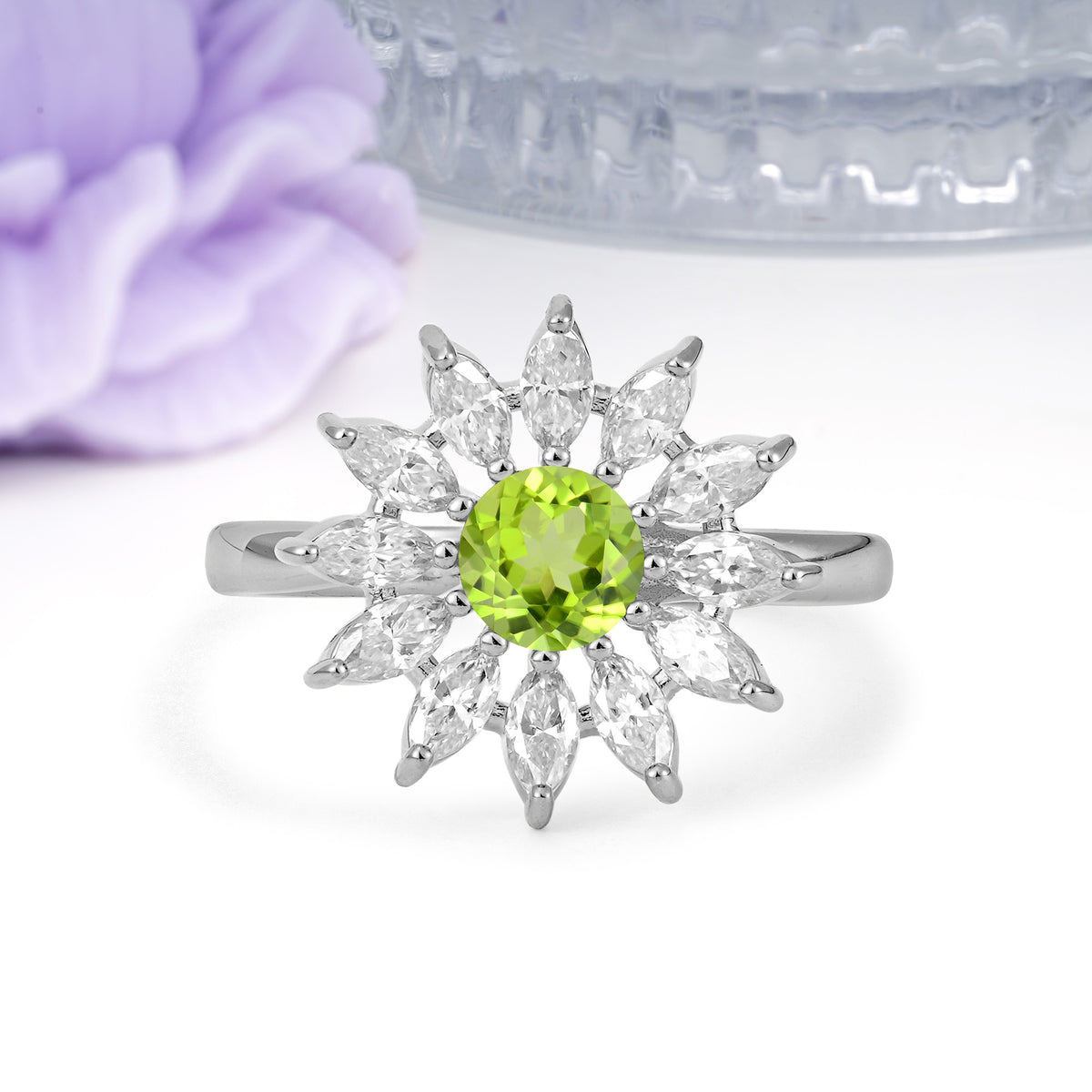 Luxurious Classic Flower-Shaped 12-Prong Round Cut Peridot Engagement Ring - Additional view