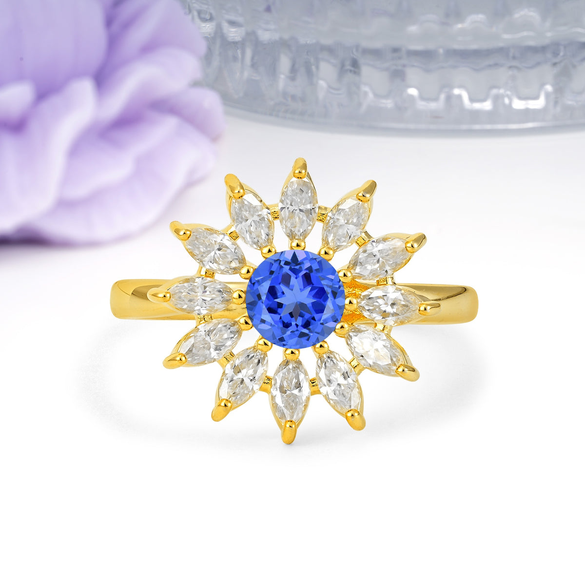 Luxurious Classic Flower-Shaped 12-Prong Round Cut Sapphire Engagement Ring - Additional view