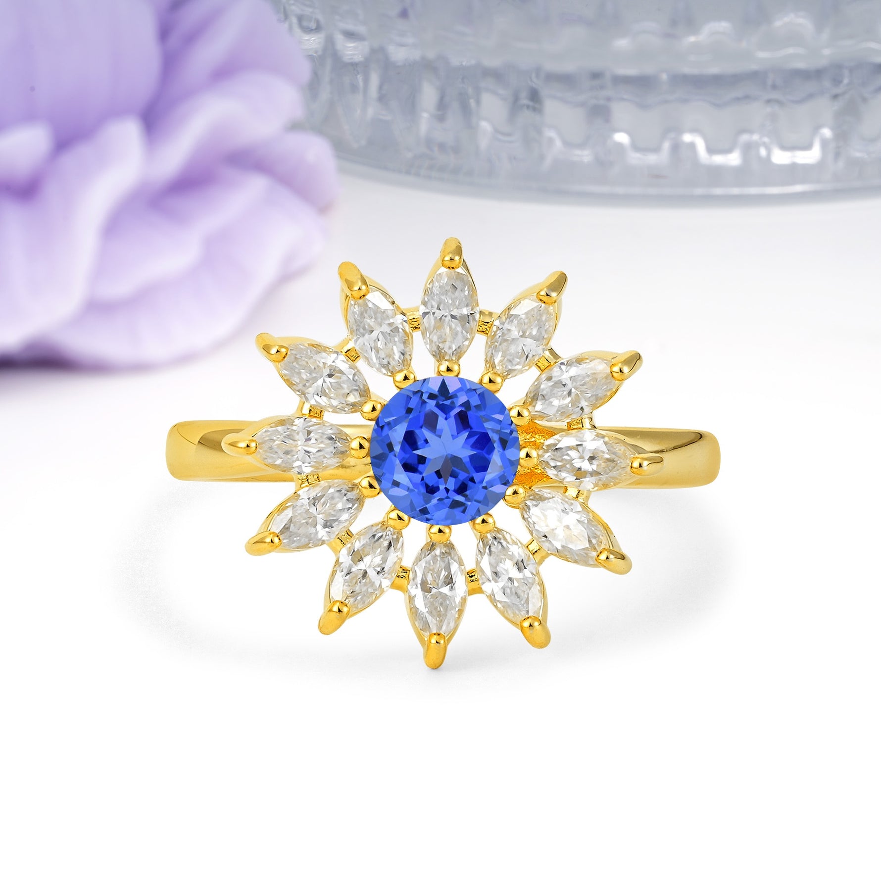 Luxurious Classic Flower-Shaped 12-Prong Round Cut Sapphire Engagement Ring - Additional view