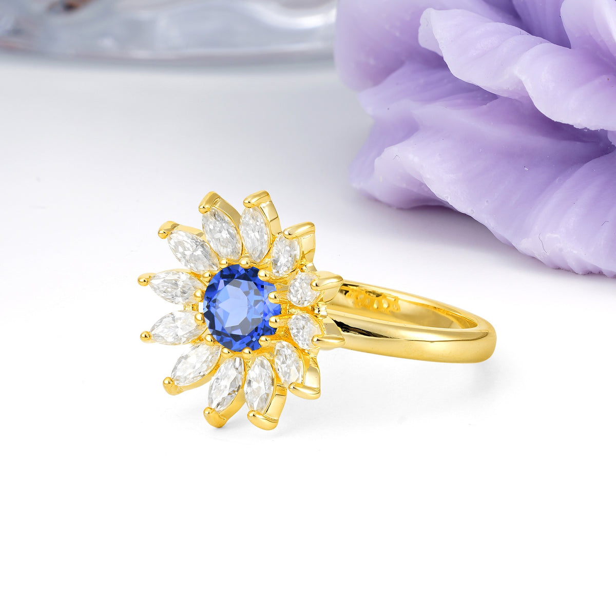 Luxurious Classic Flower-Shaped 12-Prong Round Cut Sapphire Engagement Ring - Additional view