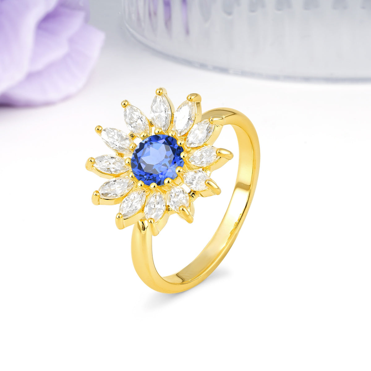 Luxurious Classic Flower-Shaped 12-Prong Round Cut Sapphire Engagement Ring - Additional view