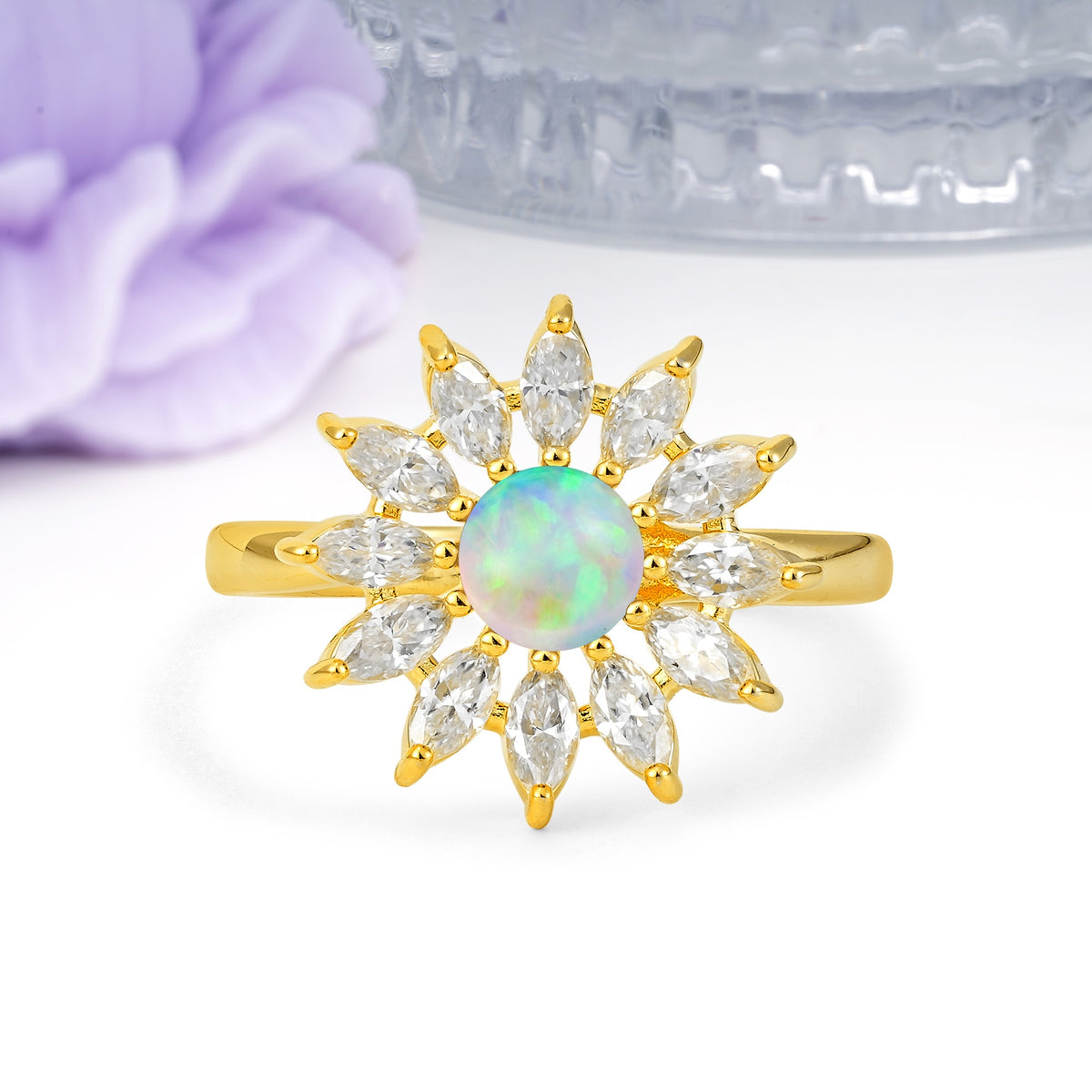 Luxurious Classic Flower-Shaped 12-Prong Round Cut Fire Opal Engagement Ring - Additional view