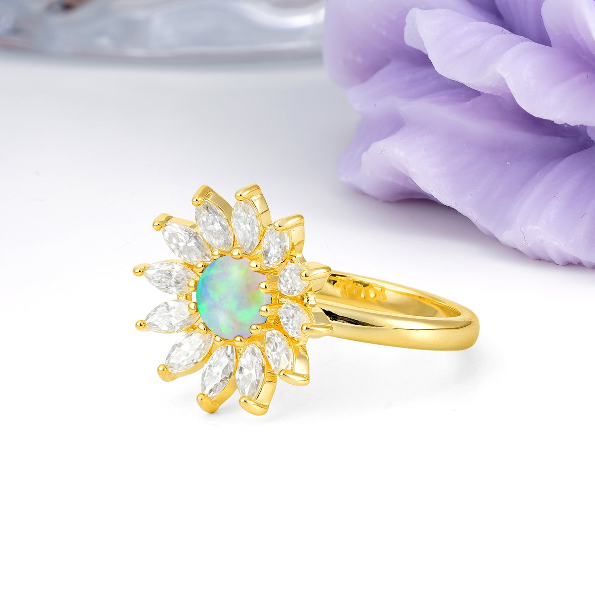 Luxurious Classic Flower-Shaped 12-Prong Round Cut Fire Opal Engagement Ring - Additional view