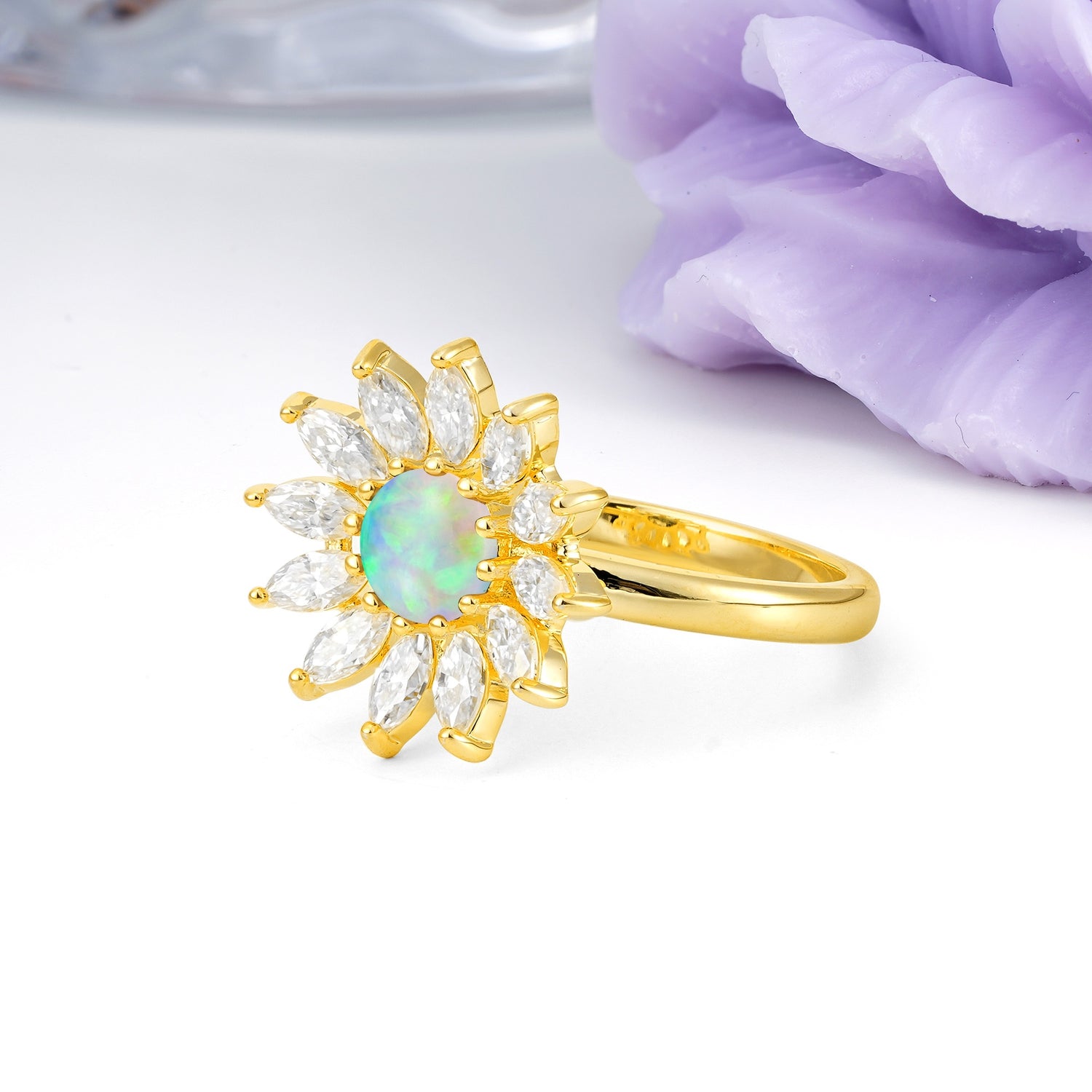 Luxurious Classic Flower-Shaped 12-Prong Round Cut Fire Opal Engagement Ring - Additional view