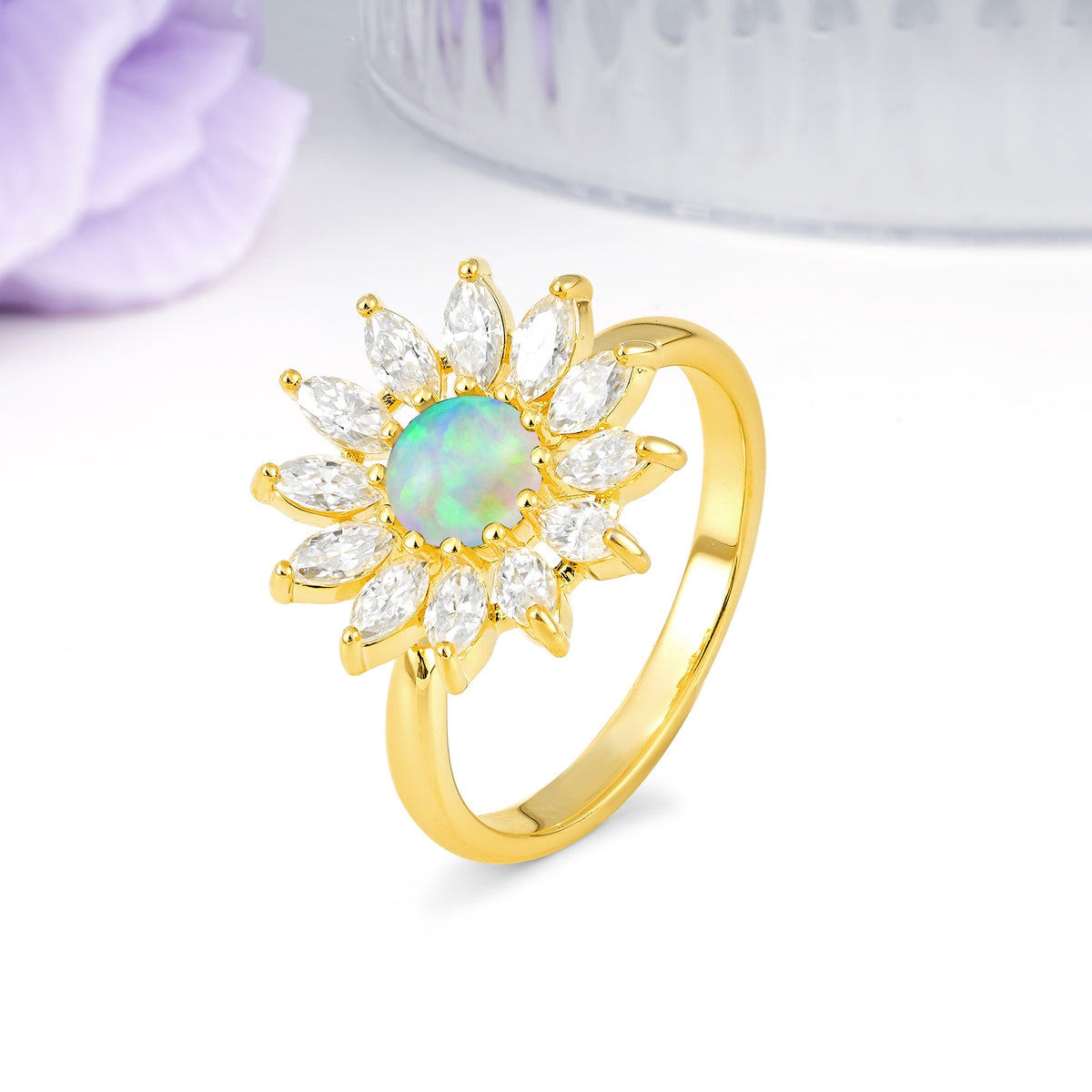 Luxurious Classic Flower-Shaped 12-Prong Round Cut Fire Opal Engagement Ring - Additional view
