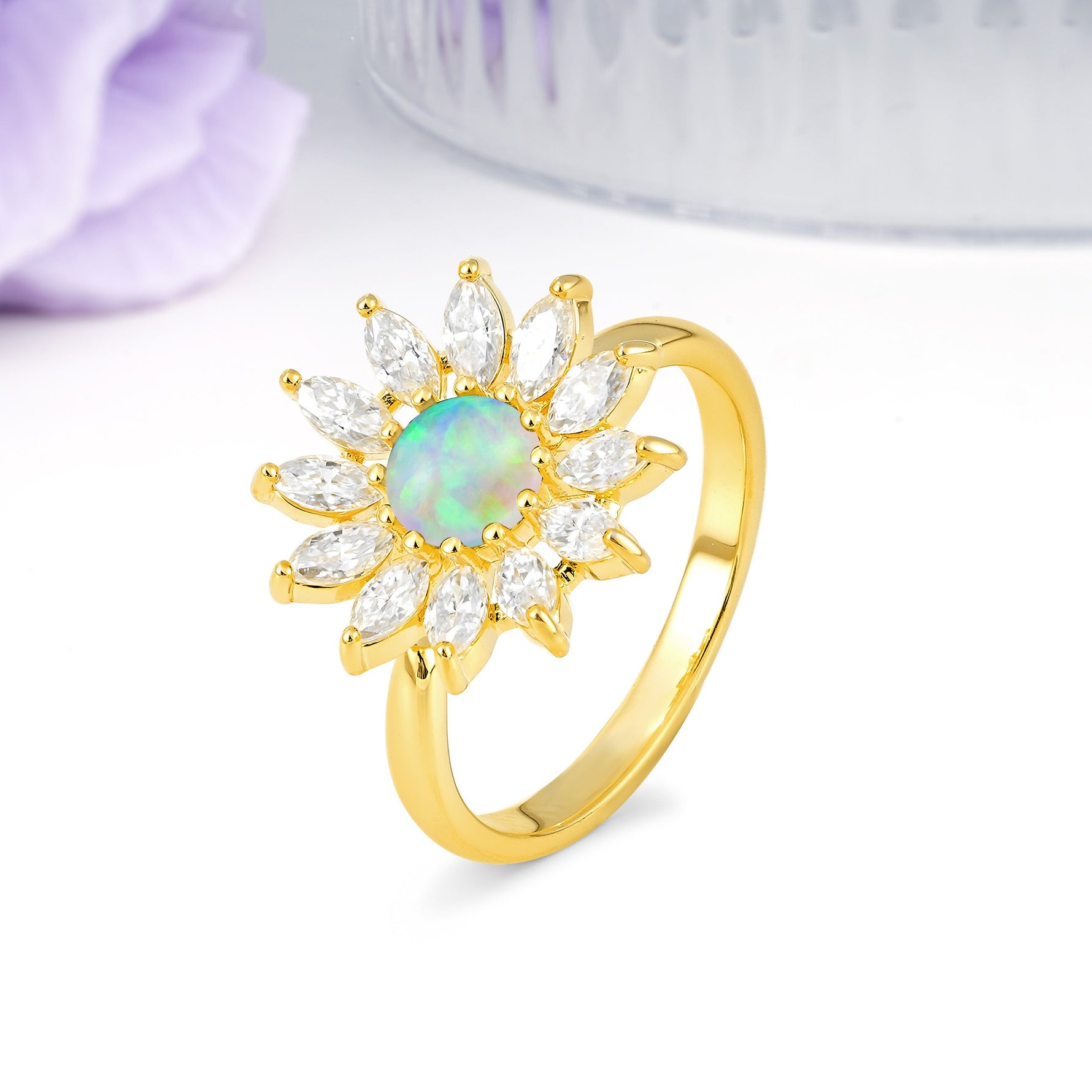 Luxurious Classic Flower-Shaped 12-Prong Round Cut Fire Opal Engagement Ring - Additional view
