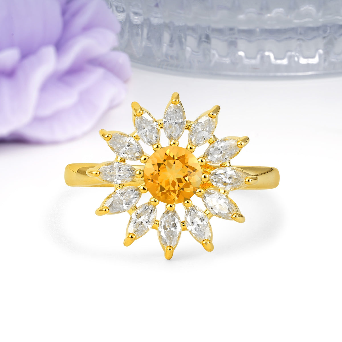 Luxurious Classic Flower-Shaped 12-Prong Round Cut Citrine Engagement Ring - Additional view