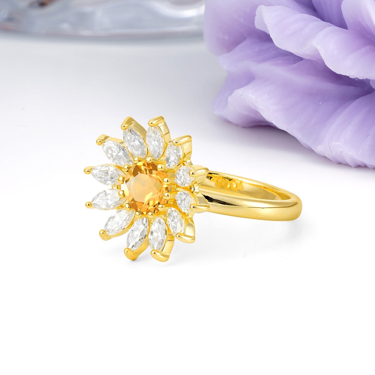 Luxurious Classic Flower-Shaped 12-Prong Round Cut Citrine Engagement Ring - Additional view