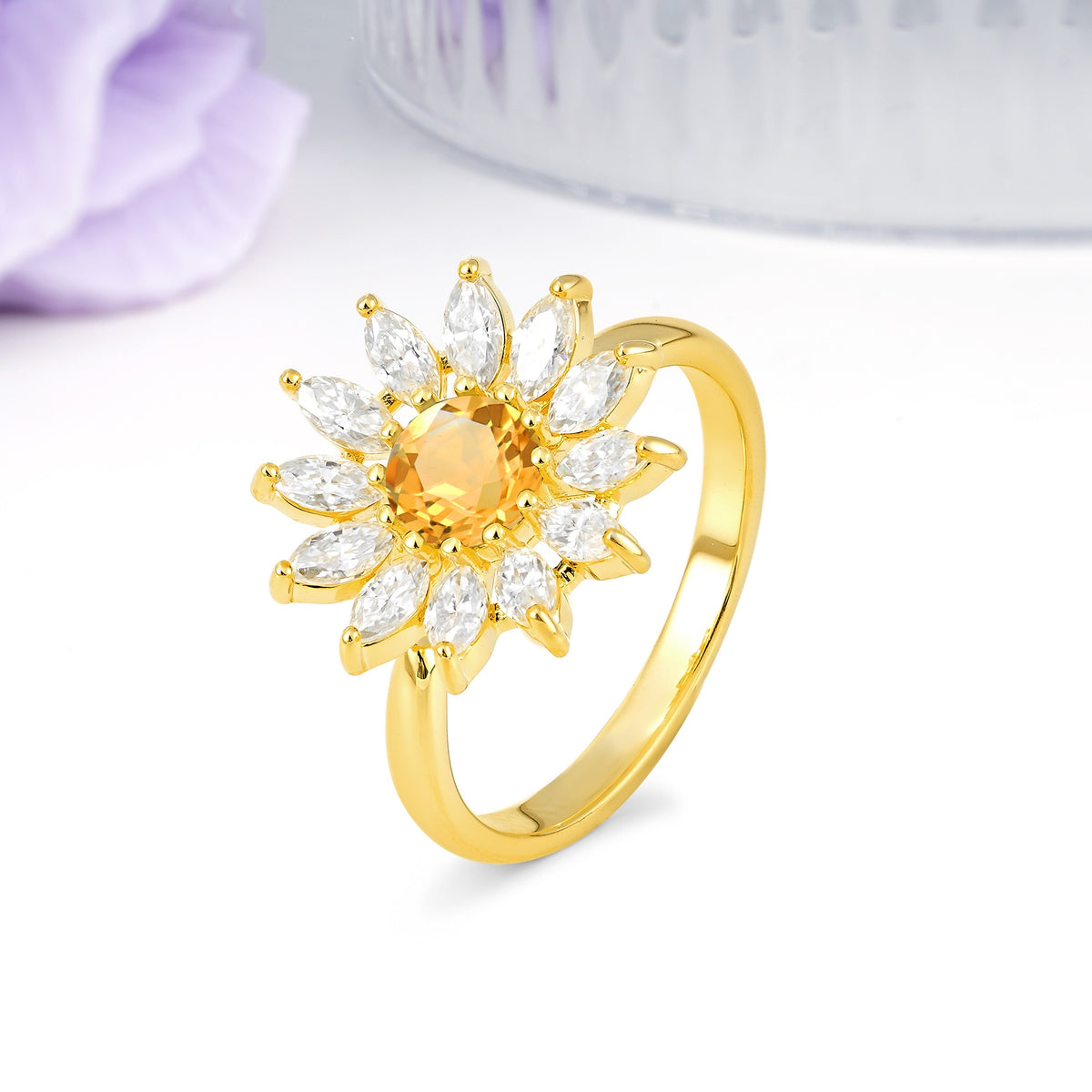Luxurious Classic Flower-Shaped 12-Prong Round Cut Citrine Engagement Ring - Additional view
