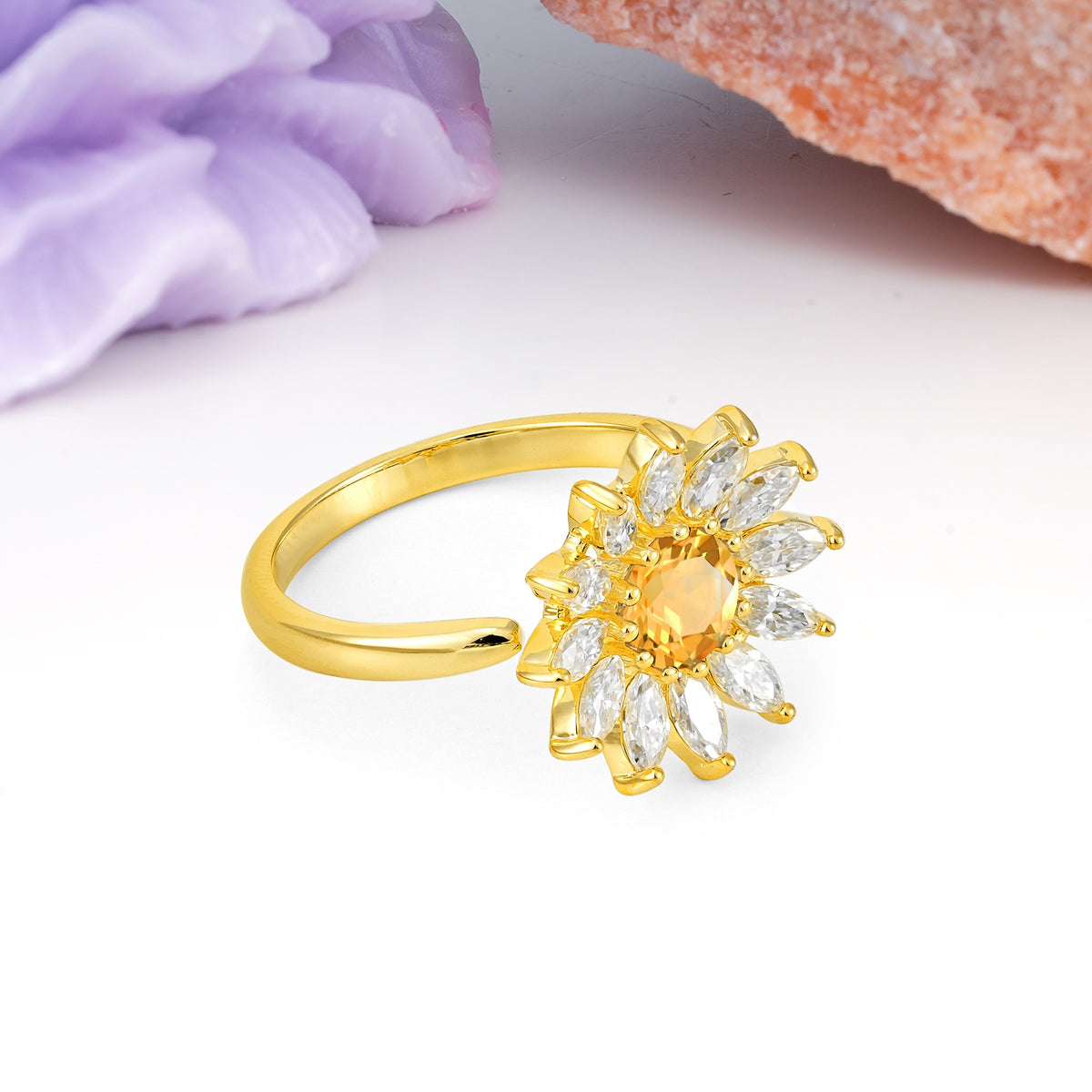 Luxurious Classic Flower-Shaped 12-Prong Round Cut Citrine Engagement Ring - Additional view