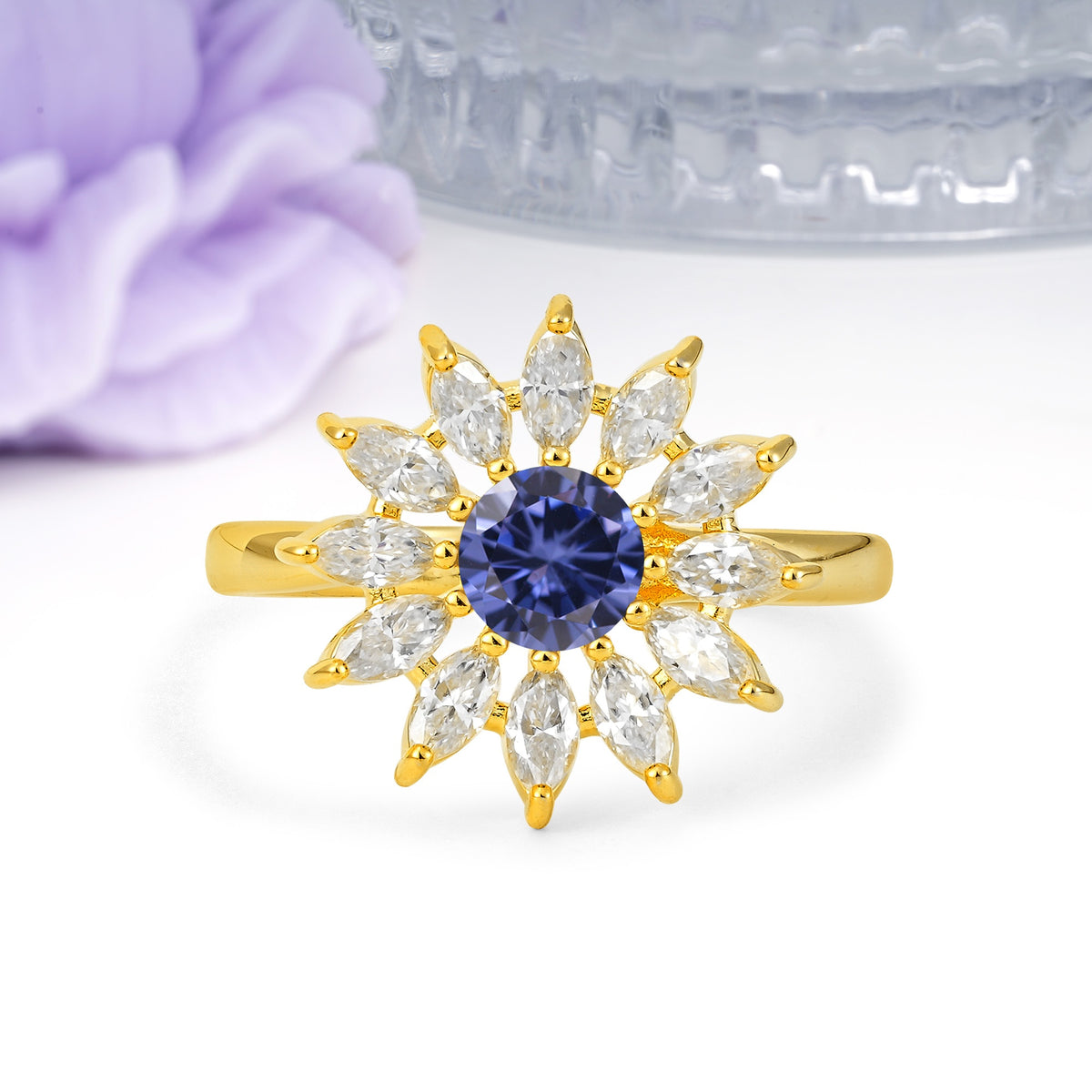 Luxurious Classic Flower-Shaped 12-Prong Round Cut Tanzanite Engagement Ring - Additional view