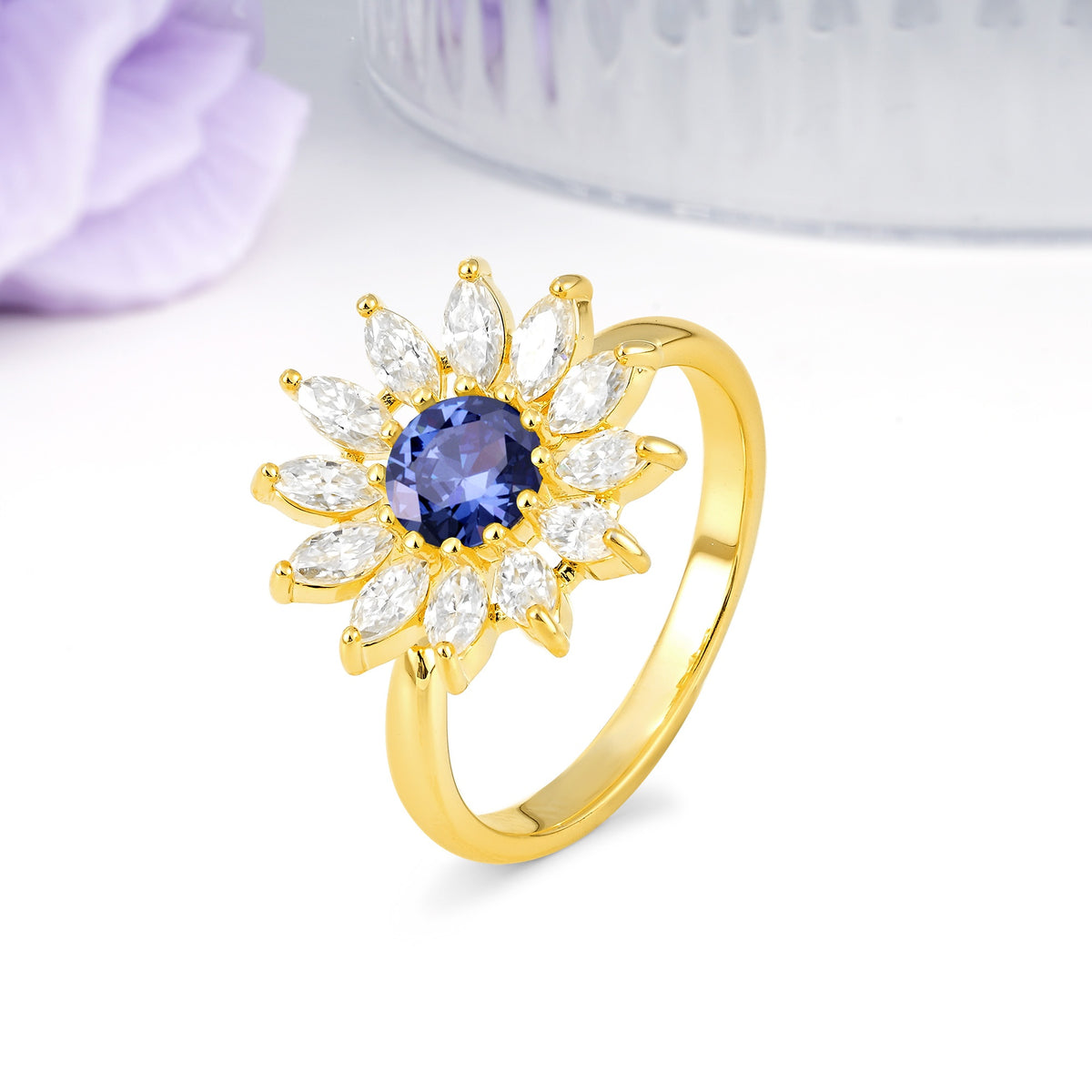 Luxurious Classic Flower-Shaped 12-Prong Round Cut Tanzanite Engagement Ring - Additional view
