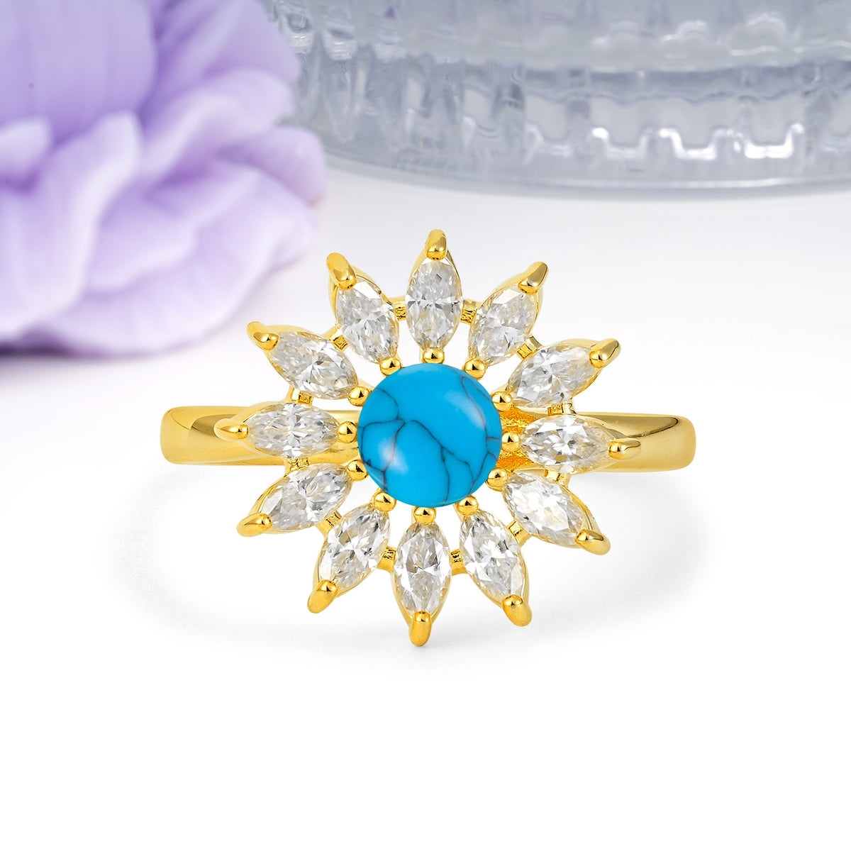 Luxurious Classic Flower-Shaped 12-Prong Round Cut Turquoise Engagement Ring - Additional view