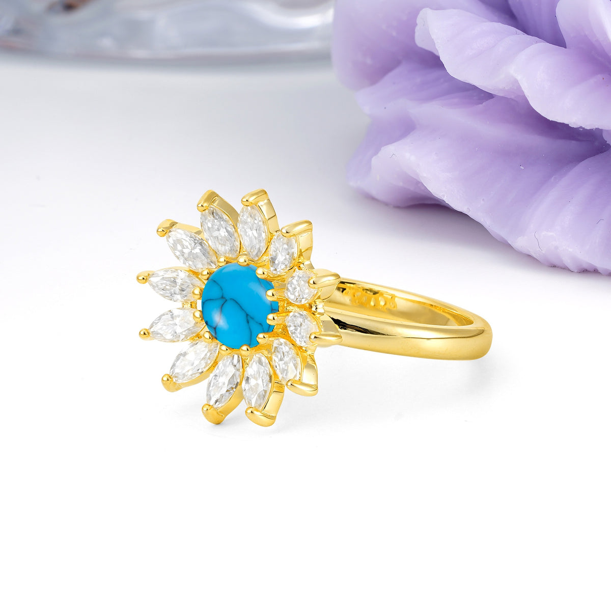 Luxurious Classic Flower-Shaped 12-Prong Round Cut Turquoise Engagement Ring - Additional view