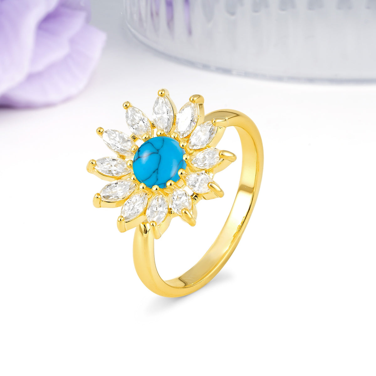 Luxurious Classic Flower-Shaped 12-Prong Round Cut Turquoise Engagement Ring - Additional view