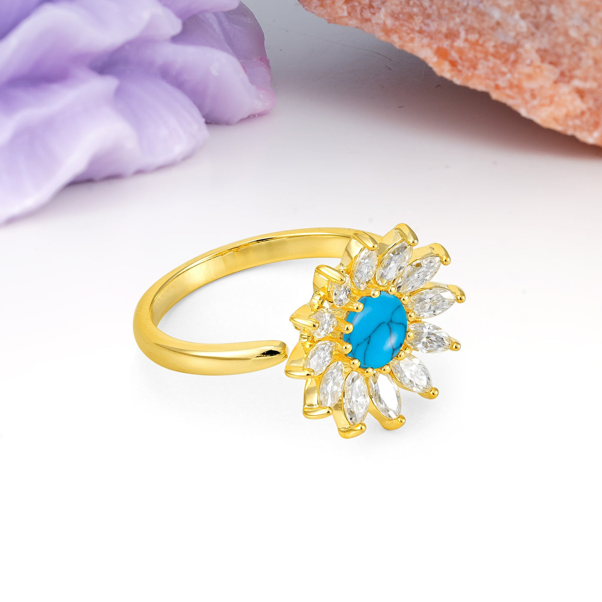 Luxurious Classic Flower-Shaped 12-Prong Round Cut Turquoise Engagement Ring - Additional view