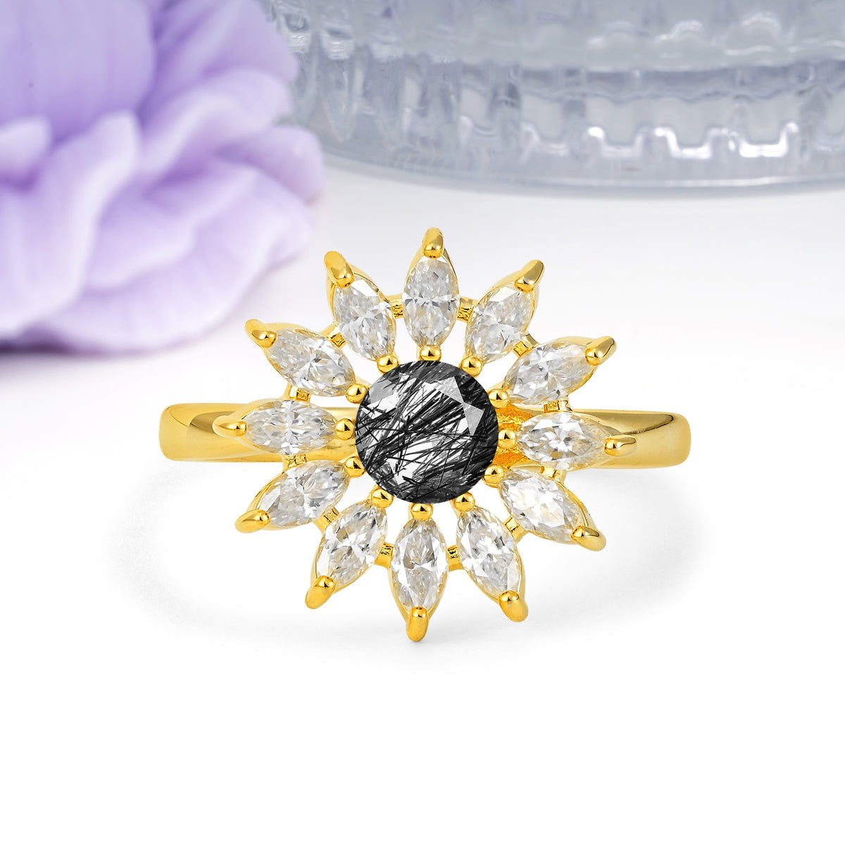 Luxurious Classic Flower-Shaped 12-Prong Round Cut Black Rutilated Quartz Engagement Ring - Additional view