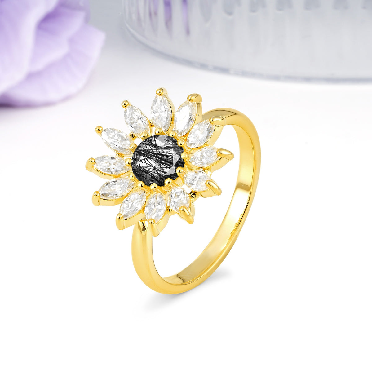 Luxurious Classic Flower-Shaped 12-Prong Round Cut Black Rutilated Quartz Engagement Ring - Additional view
