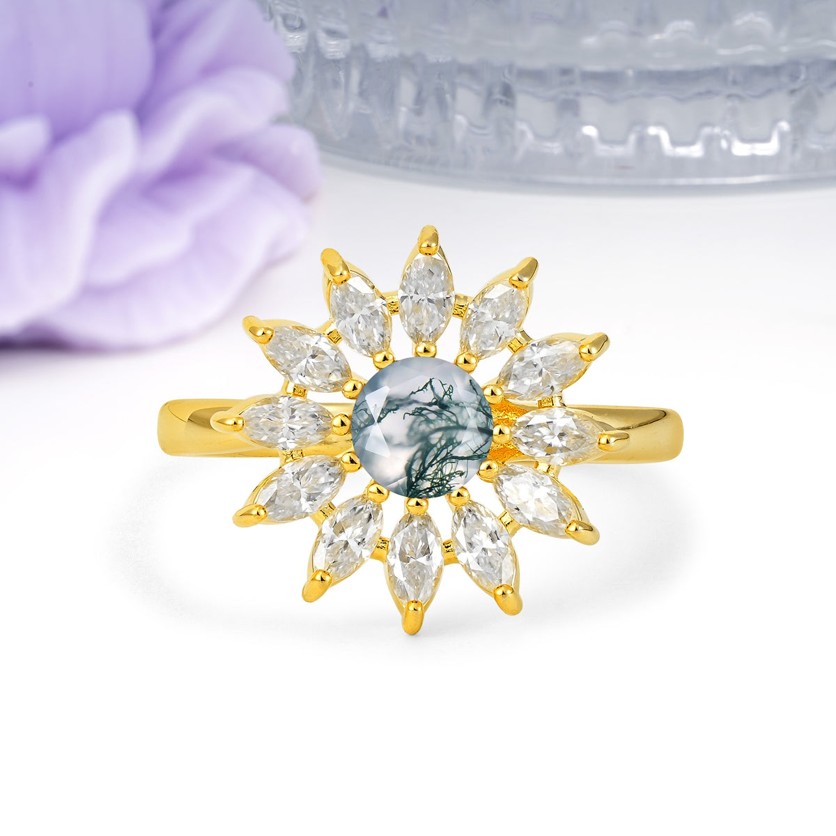 Luxurious Classic Flower-Shaped 12-Prong Round Cut Moss Agate Engagement Ring - Additional view