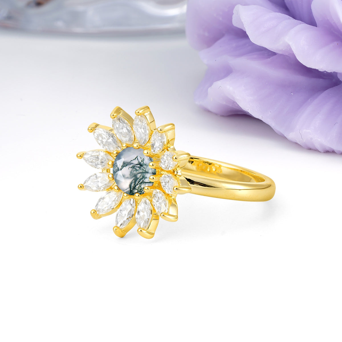 Luxurious Classic Flower-Shaped 12-Prong Round Cut Moss Agate Engagement Ring - Additional view