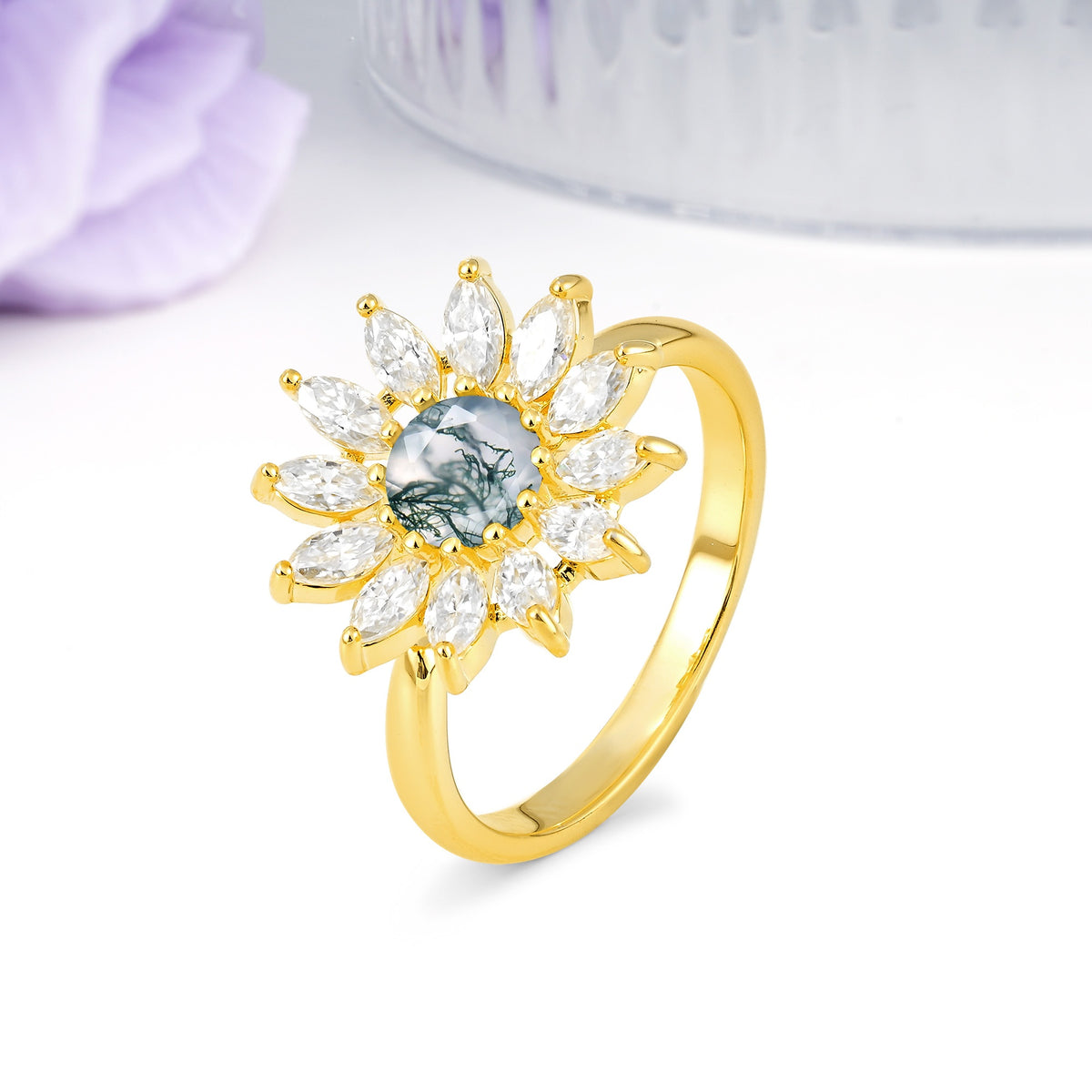 Luxurious Classic Flower-Shaped 12-Prong Round Cut Moss Agate Engagement Ring - Additional view