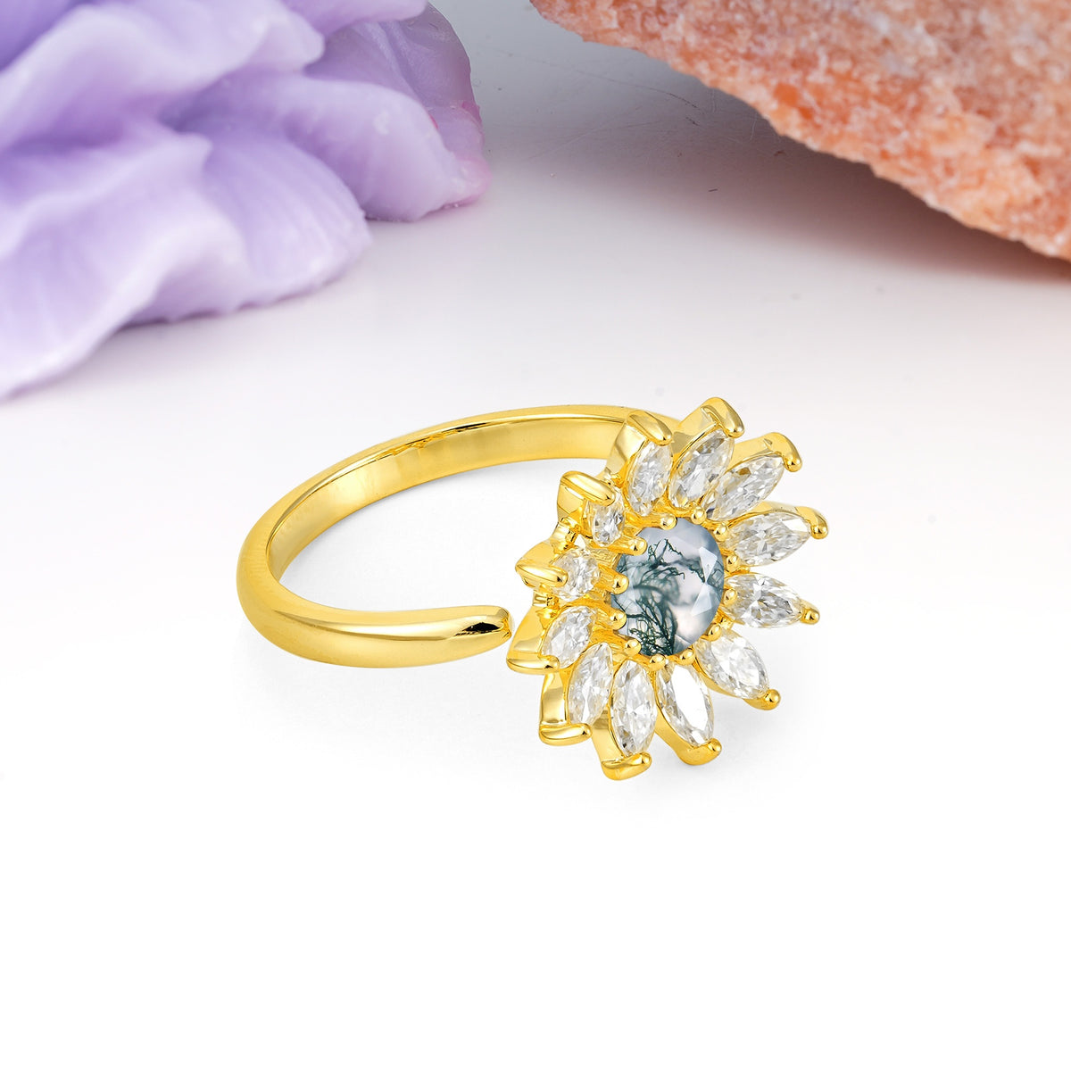 Luxurious Classic Flower-Shaped 12-Prong Round Cut Moss Agate Engagement Ring - Additional view