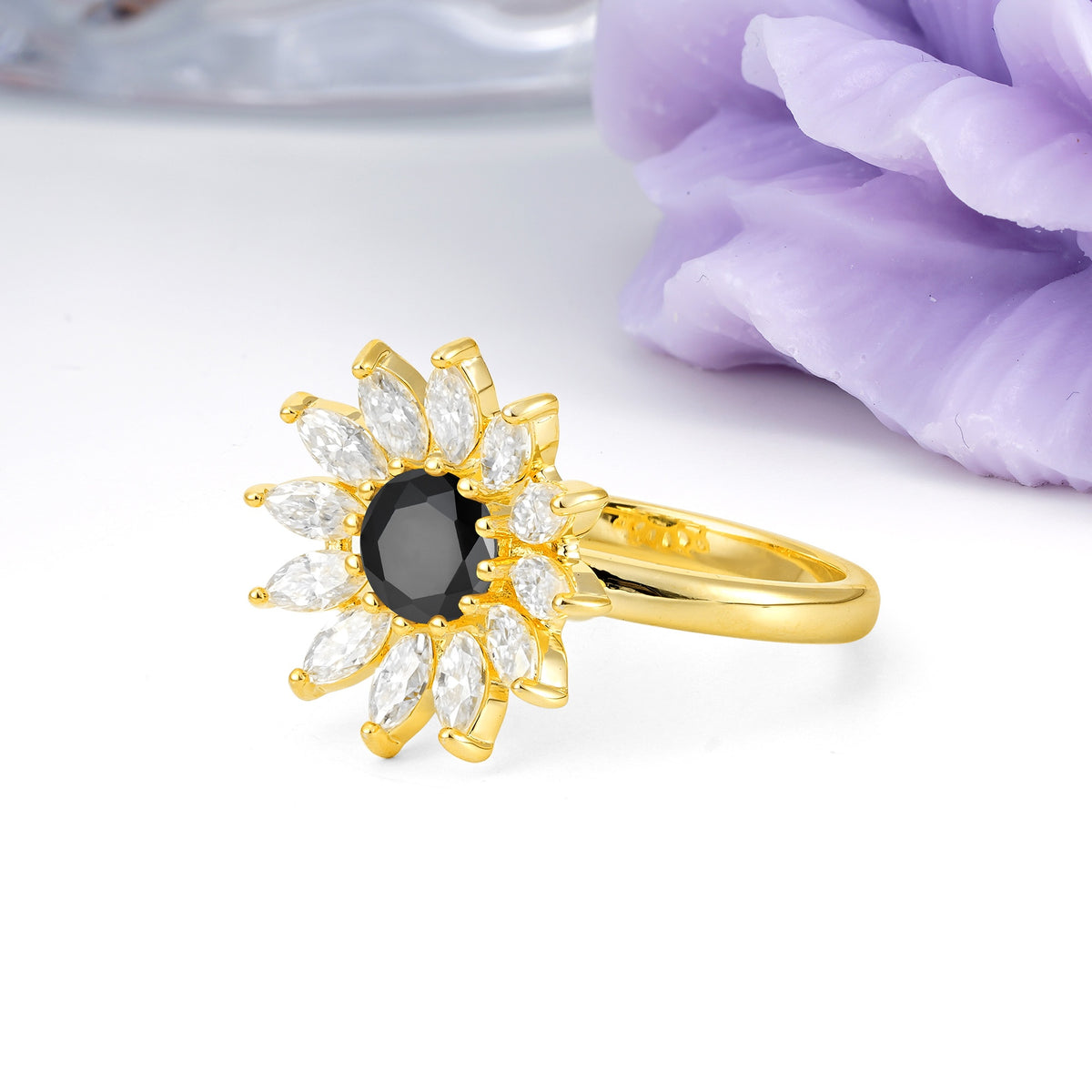 Luxurious Classic Flower-Shaped 12-Prong Round Cut Black Onyx Engagement Ring - Additional view