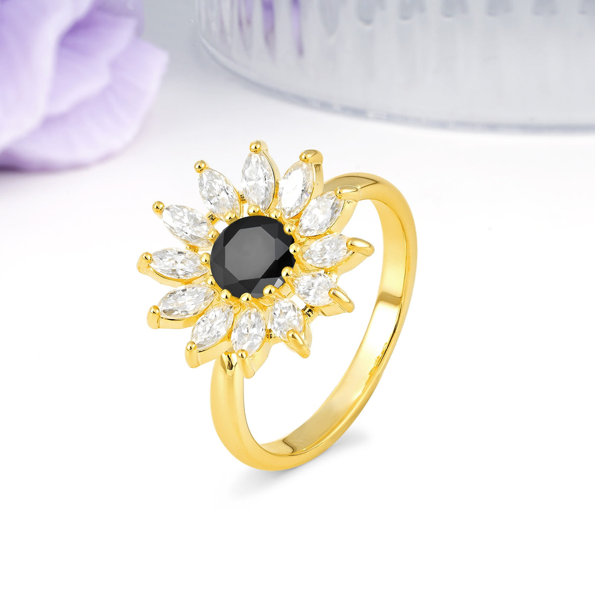 Luxurious Classic Flower-Shaped 12-Prong Round Cut Black Onyx Engagement Ring - Additional view