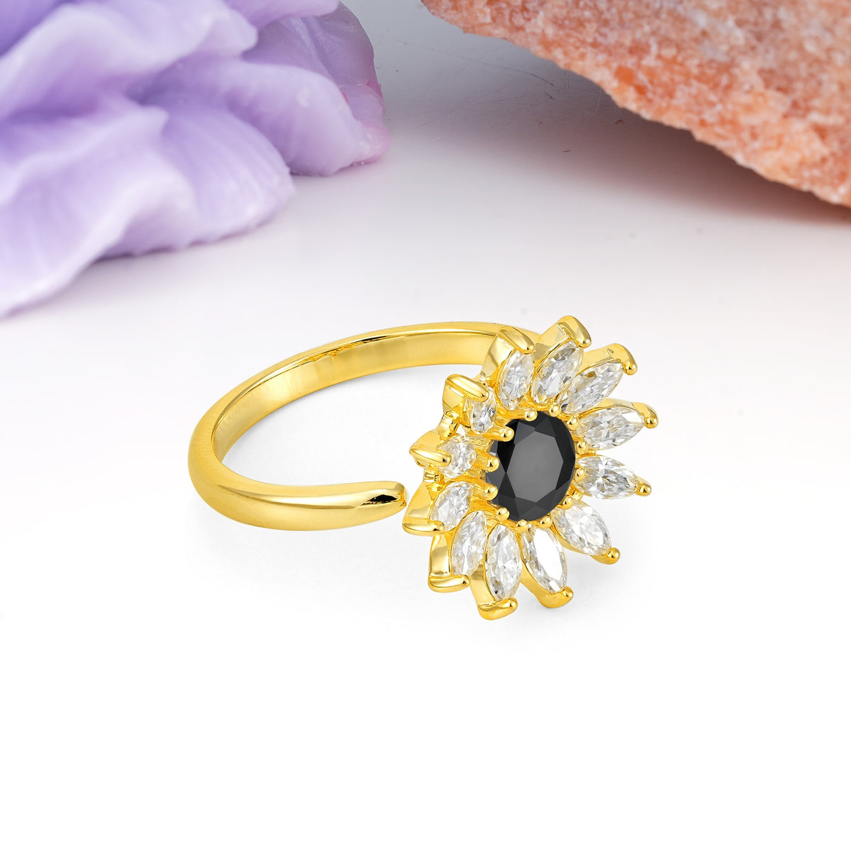 Luxurious Classic Flower-Shaped 12-Prong Round Cut Black Onyx Engagement Ring - Additional view