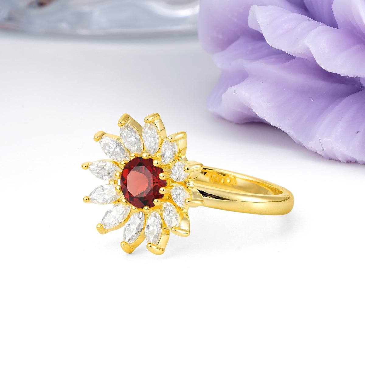 Luxurious Classic Flower-Shaped 12-Prong Round Cut Garnet Engagement Ring - Additional view