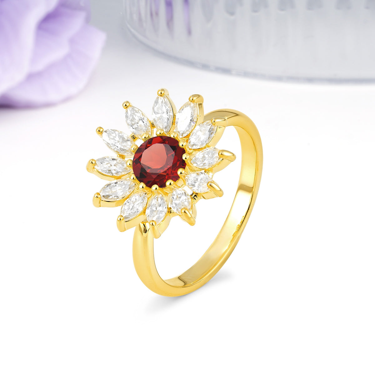 Luxurious Classic Flower-Shaped 12-Prong Round Cut Garnet Engagement Ring - Additional view