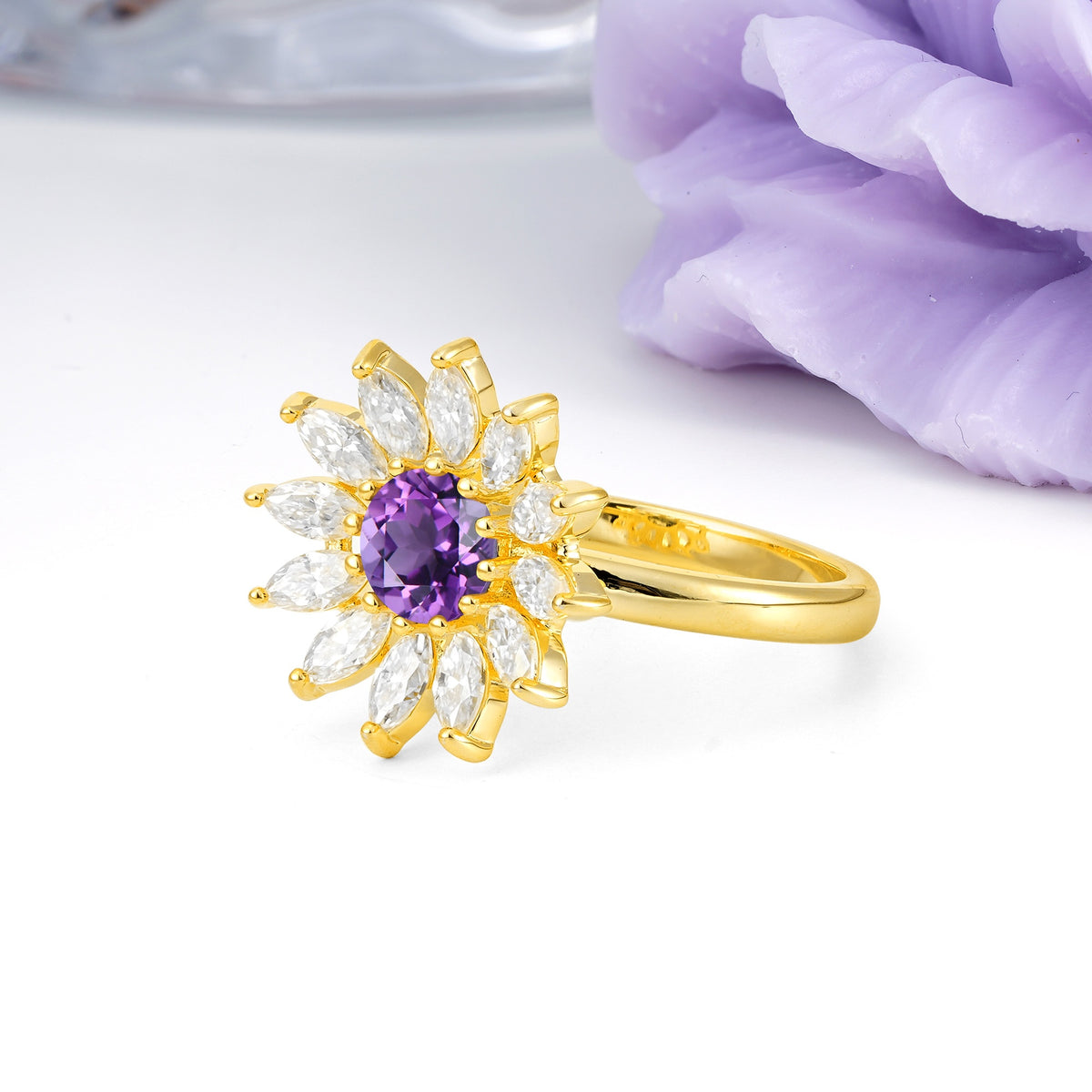 Luxurious Classic Flower-Shaped 12-Prong Round Cut Amethyst Engagement Ring - Additional view