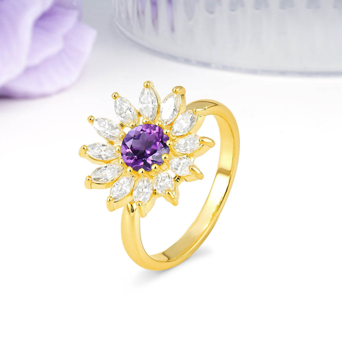 Luxurious Classic Flower-Shaped 12-Prong Round Cut Amethyst Engagement Ring - Additional view